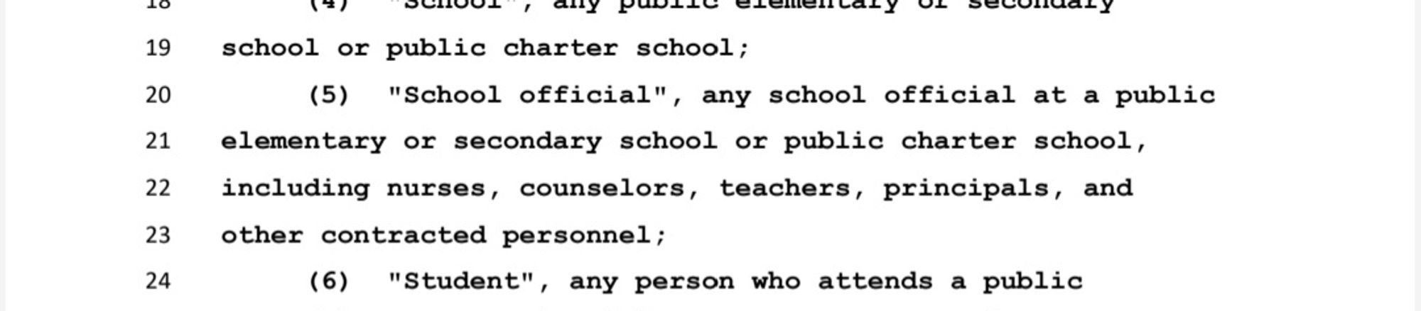 5) "School official", any school official at a public 
21 elementary or secondary school or public charter school, 
22 including nurses, counselors, teachers, principals, and 
23 other contracted personnel