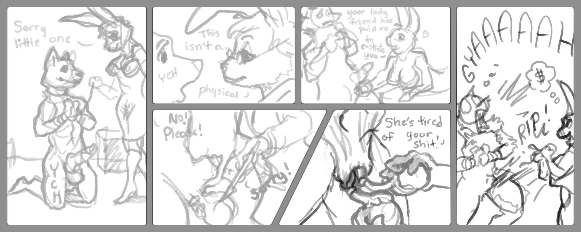 A rough linework comic strip of a siren luring in a furry male and then chomping on him.