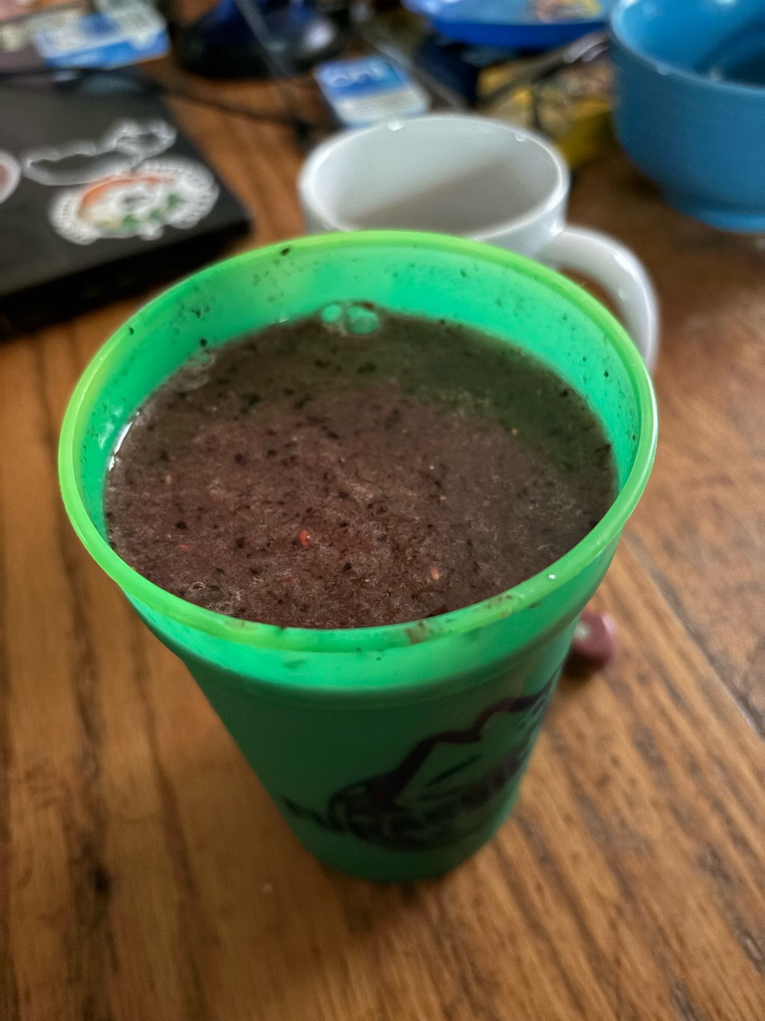 Boozy’s breakfast, a smoothie in a Fursquared cup. It looks like berries had diarrhea.