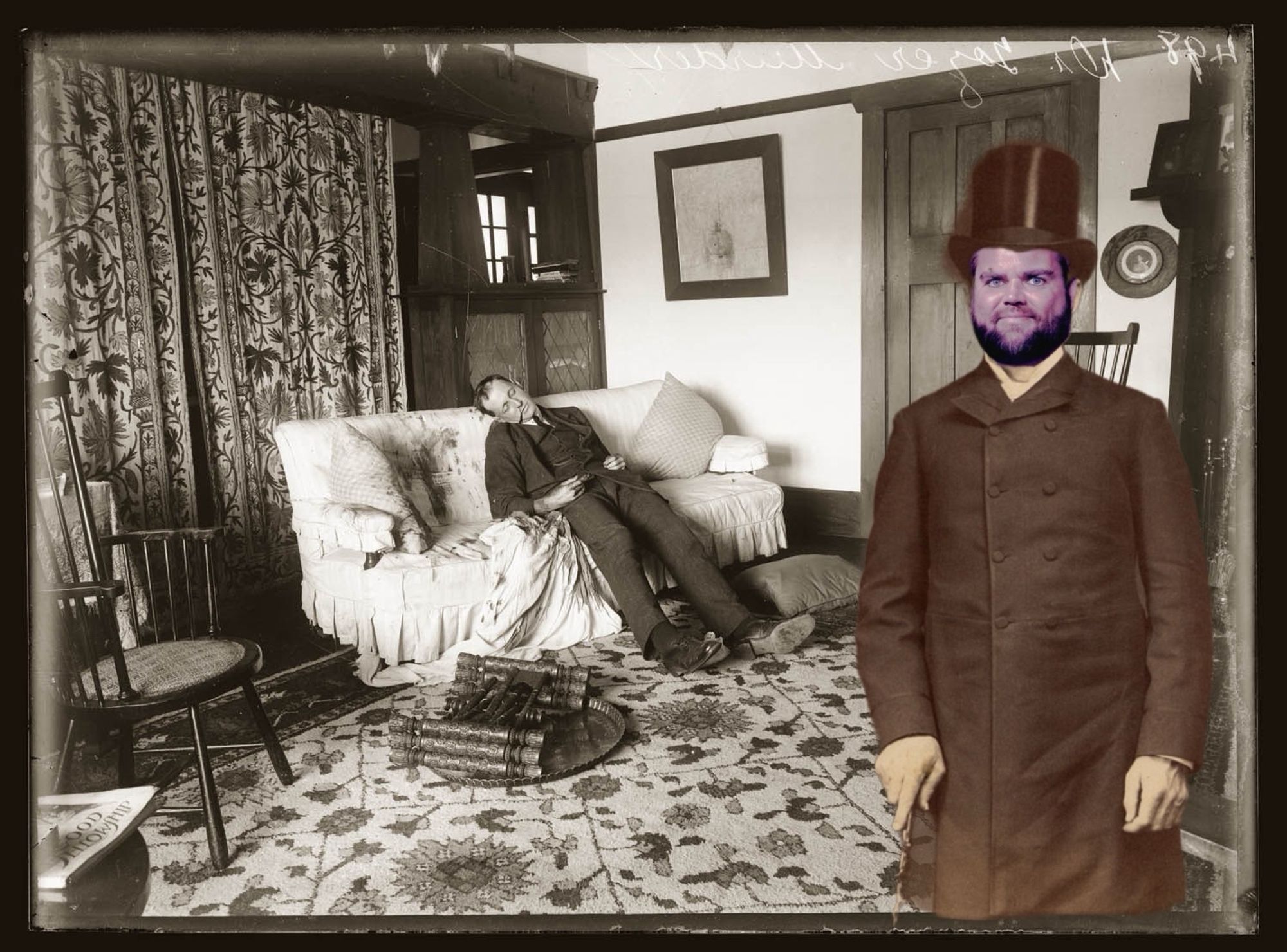 Famed Victorian serial killer J.D. Vance pictured at the scene of one of his many murders. Behind him in the parlor the body of a man is on a sofa. It is clear Vance caught the man with his lover (the sofa) and engaged in his craft out of both anger and pleasure.