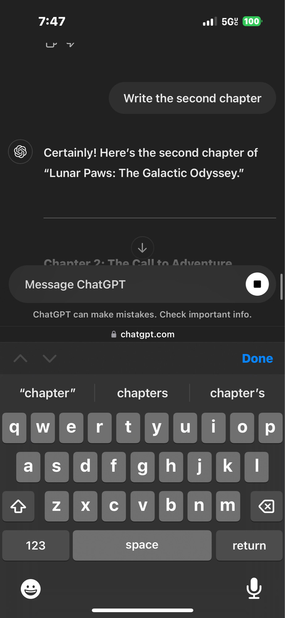 Another screenshot from ChatGPT. The prompt is “Write the second chapter.” The response is “Write the second chapter
Certainly! Here's the second chapter of
"Lunar Paws: The Galactic Odyssey."” followed by the entirety of Chapter 2.