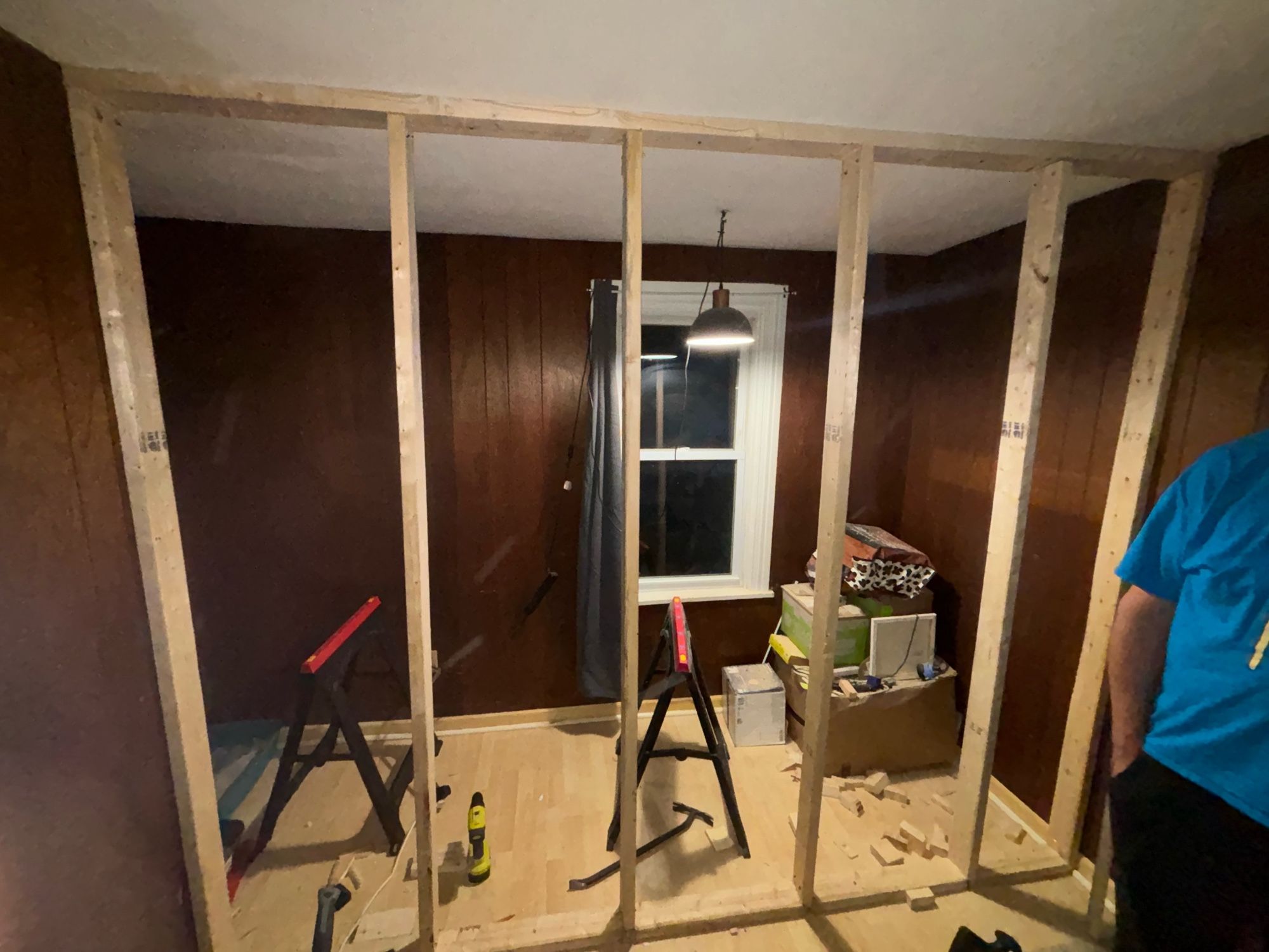 A framed wall that Boozy and Alkali built to make a new bedroom