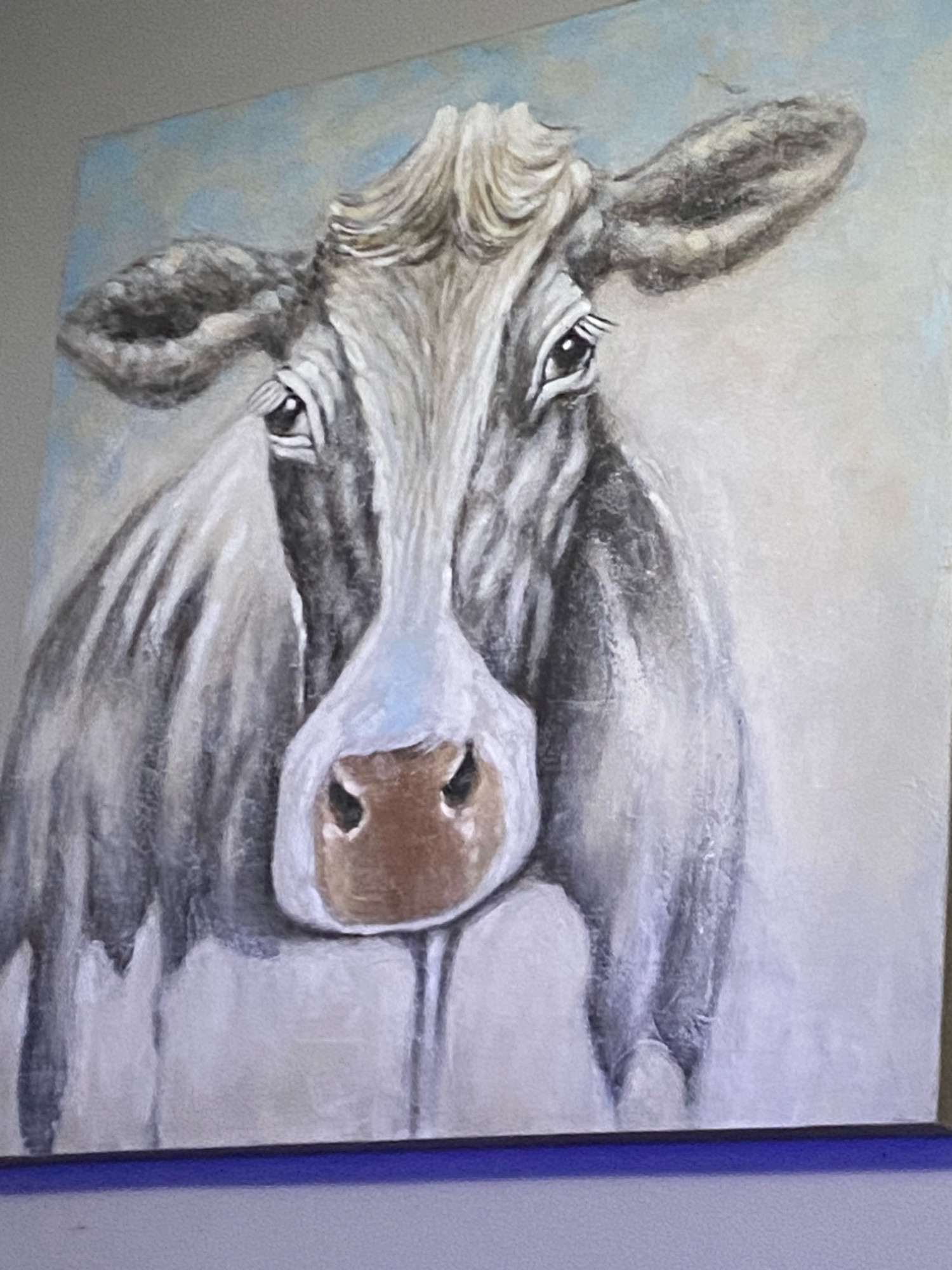 Haunting 3’ x 3’ canvas of a Holstein cow that I’ve grown some horrible attachment to