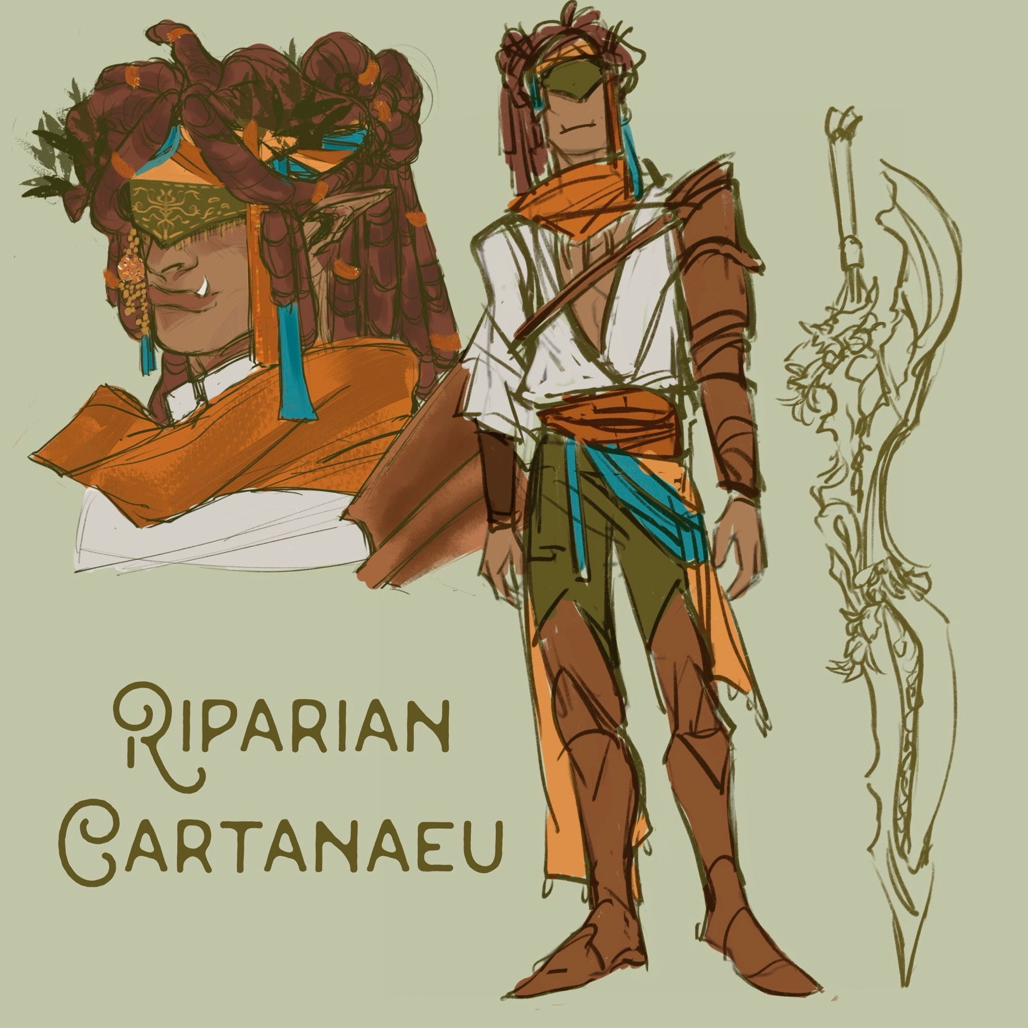 A sketchy illustration of a character named Riparian Cartanaeu. He is a half orc dressed in vibrant colours with a half opened shirt, he wears a stunning crown of dreads and is blindfolded. He carries a sword that is decorated in flowers and vines. 