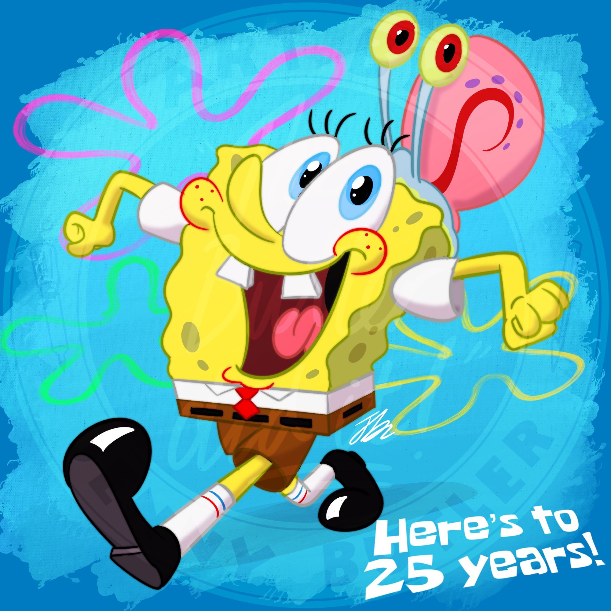 SpongeBob smiling and walking on a blue backdrop with flowers, with Gary the Snail on his head. The bottom right text reads: “Here’s to 25 years!”