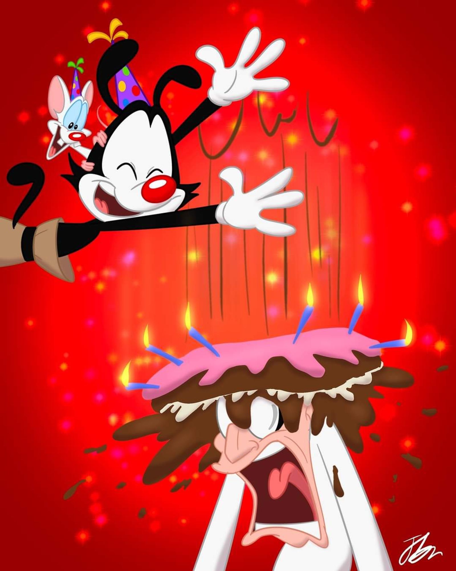 Drawing on a red background of Yakko Warner, with Pinky perched on his head, dropping a birthday cake onto a screaming Dr Scratchansniff's head.