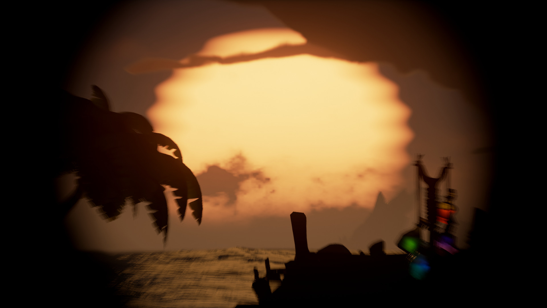 a sunset on sanctuary outpost through a spyglass. there is a palm tree and a bridge in the distance and the sun is a huge backdrop to this scene.