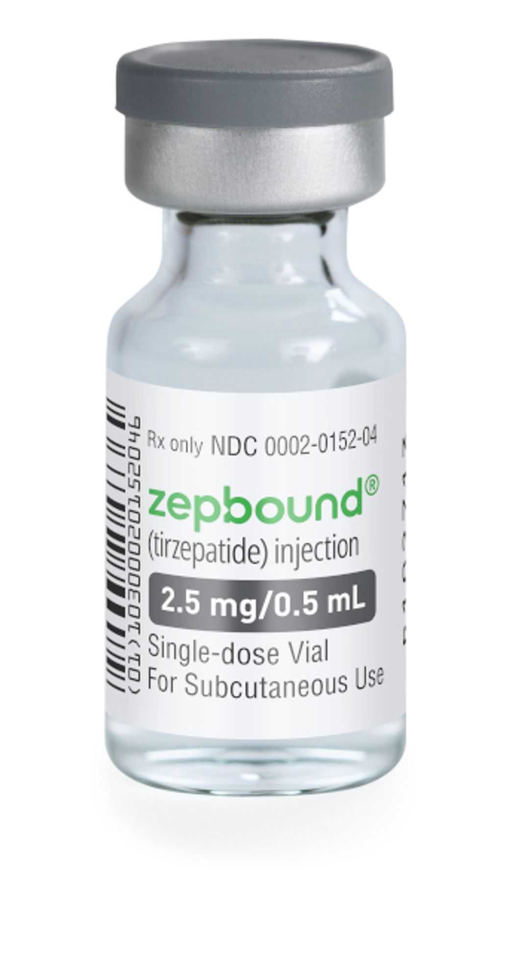 Image of a Zepbound (tirzepatide) 2.5 mg/0.5 mL single-dose vial for subcutaneous injection. Photo courtesy of Eli Lilly.