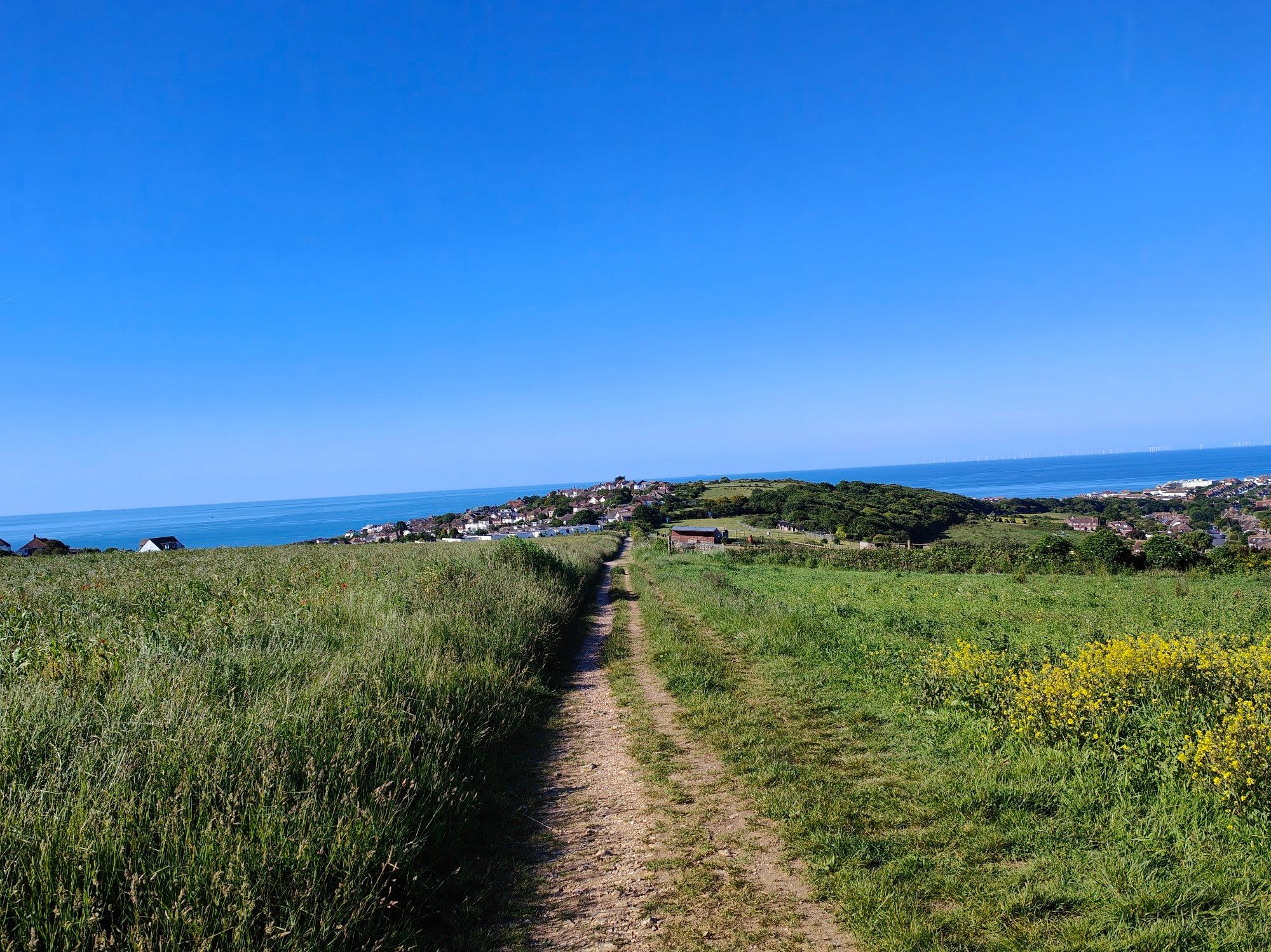 A running path an a green field hill. You can see the blue sea behind a hill at the end of the path, eventually turning into the blue sky