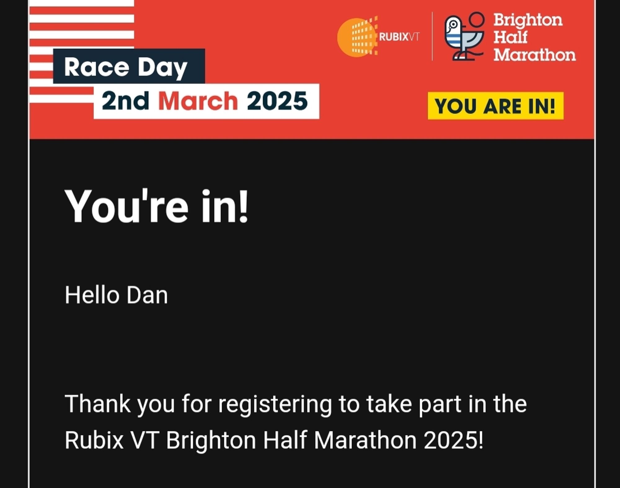 Confirmation of my place for the Brighton Marathon