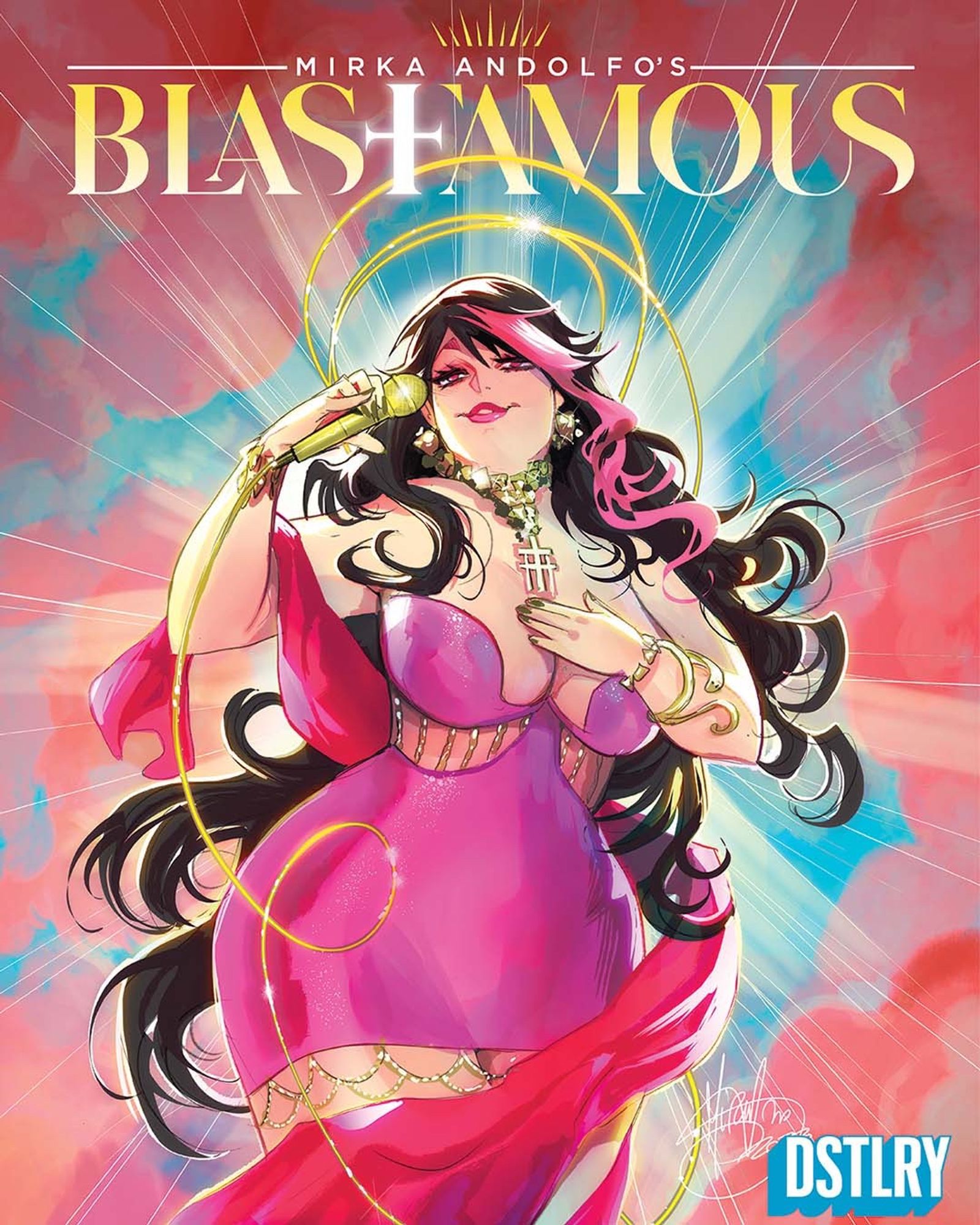 Cover of Mirka Andolfo’s Blasfamous, published by DSTLRY. Superstar diva Clelia smiling and holding a golden microphone.