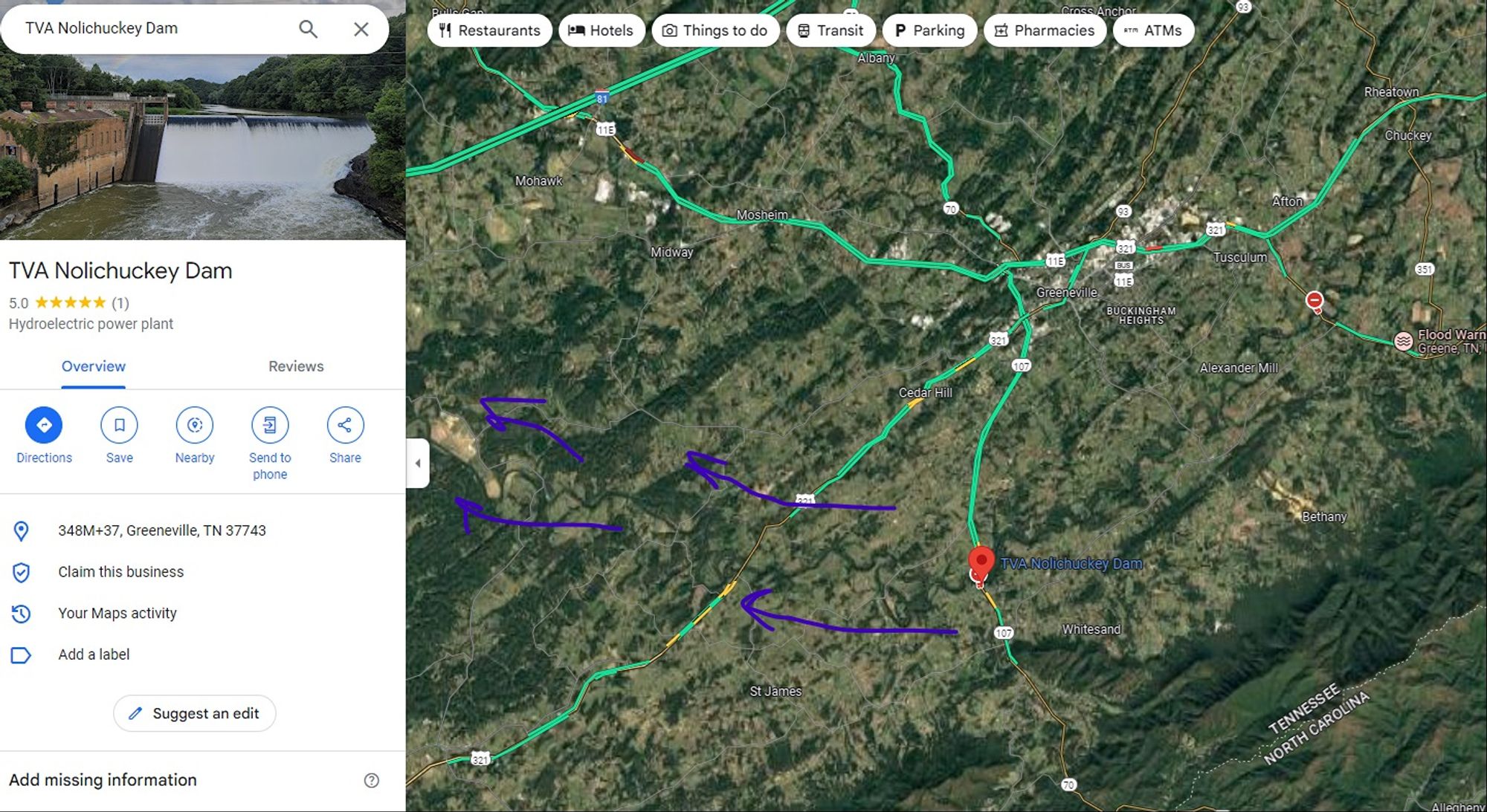 Map of the Nolichuckey Dam shows it located in southern Greene County TN, about 7 miles south of the center of Greeneville, TN.  The river comes out of the mountains from Erwin, TN where earlier you may have seen people rescued from the roof of a hospital - same river.  The rive flows generally west through southern and southwest Greene Co.