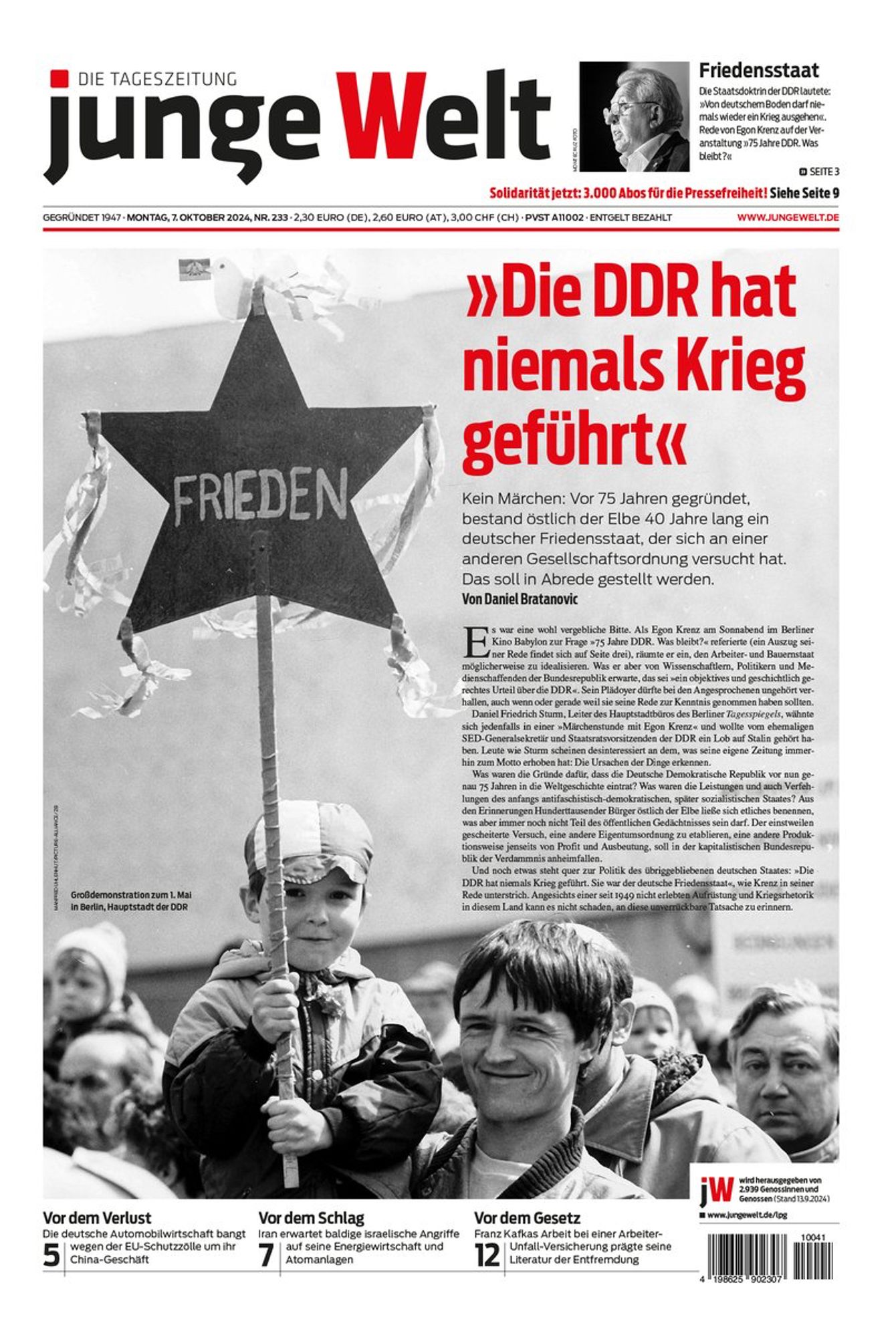 Titelseite jw 7.10.2024: Die DDR hat niemals Krieg geführt