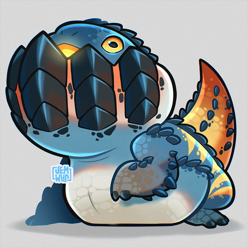 Image of a chibi Dodogama from Monster Hunter World looking up while lifting one front foot up.