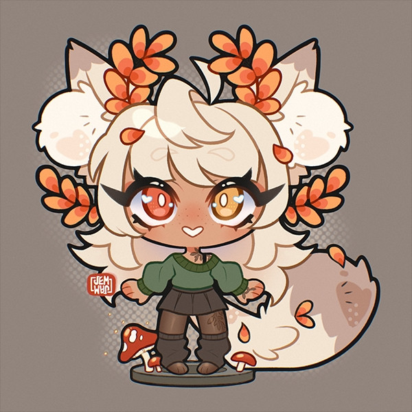 Chibi art of a girl with fox ears and tail smiling and standing on a floating platform. She has heterochromia and an autumn color theme. There are orange leaves in her hair and tail and she's standing amongst red mushrooms.