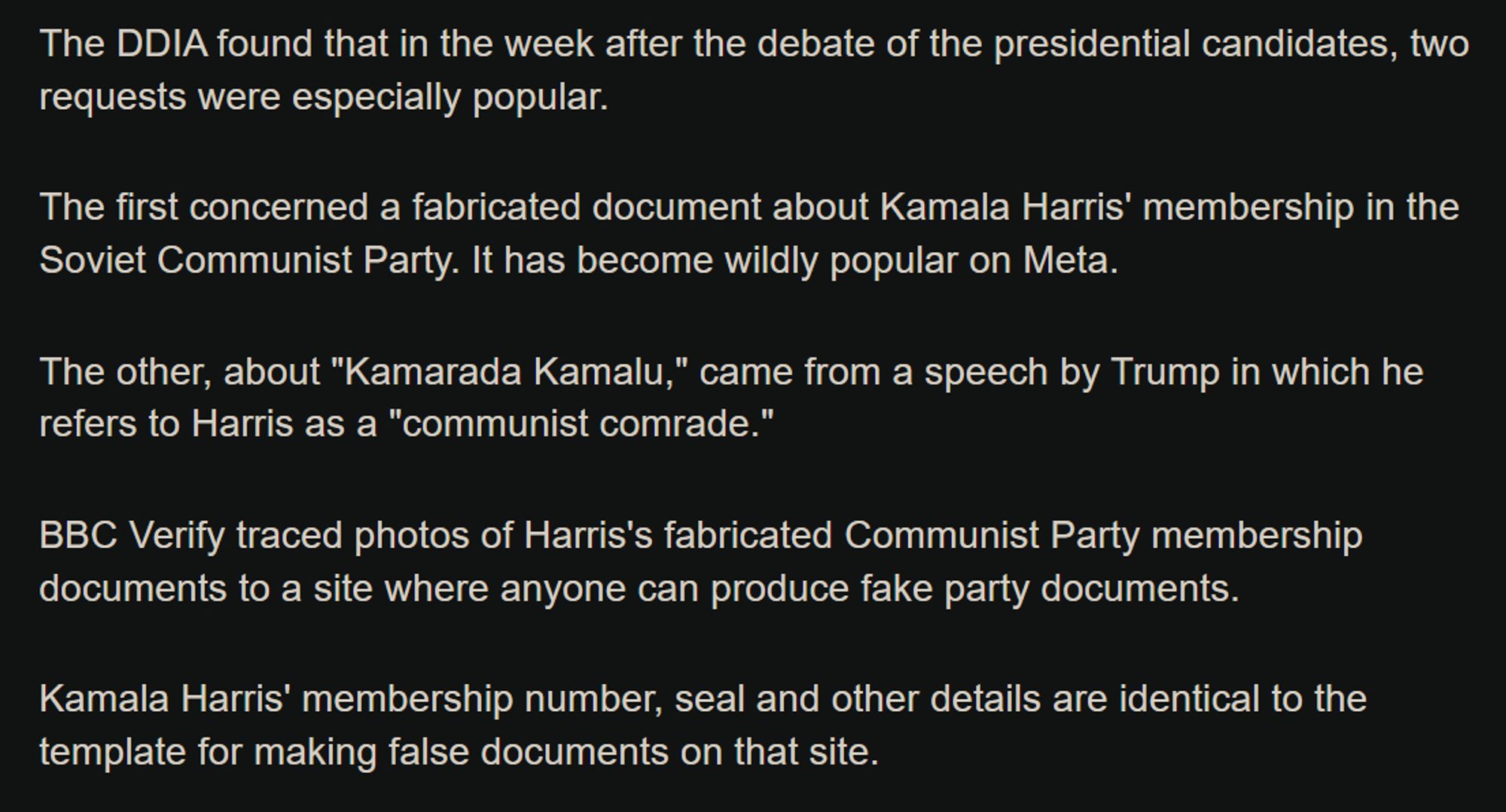 The Digital Democratic Institute of America (DDIA) found that in the week after the debate of the presidential candidates, two requests were especially popular.

The first concerned a fabricated document about Kamala Harris' membership in the Soviet Communist Party. It has become wildly popular on Meta.

The other, about "Kamarada Kamalu," came from a speech by Trump in which he refers to Harris as a "communist comrade."

BBC Verify traced photos of Harris's fabricated Communist Party membership documents to a site where anyone can produce fake party documents.

Kamala Harris' membership number, seal and other details are identical to the template for making false documents on that site.