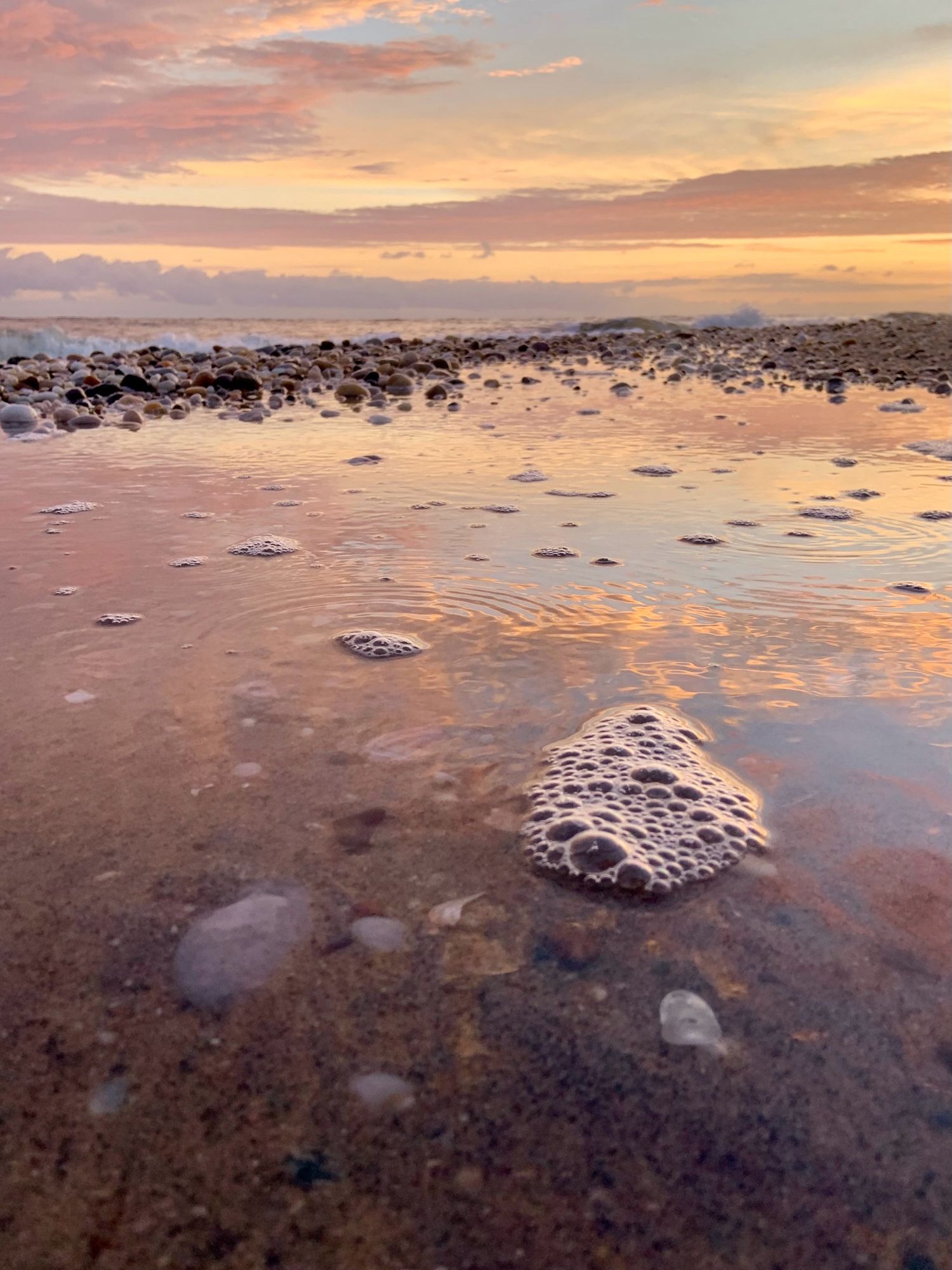 Photograph of a pool of tidewater left behind after a wave. A small patch of bubbles floats in the reflected sunrise.