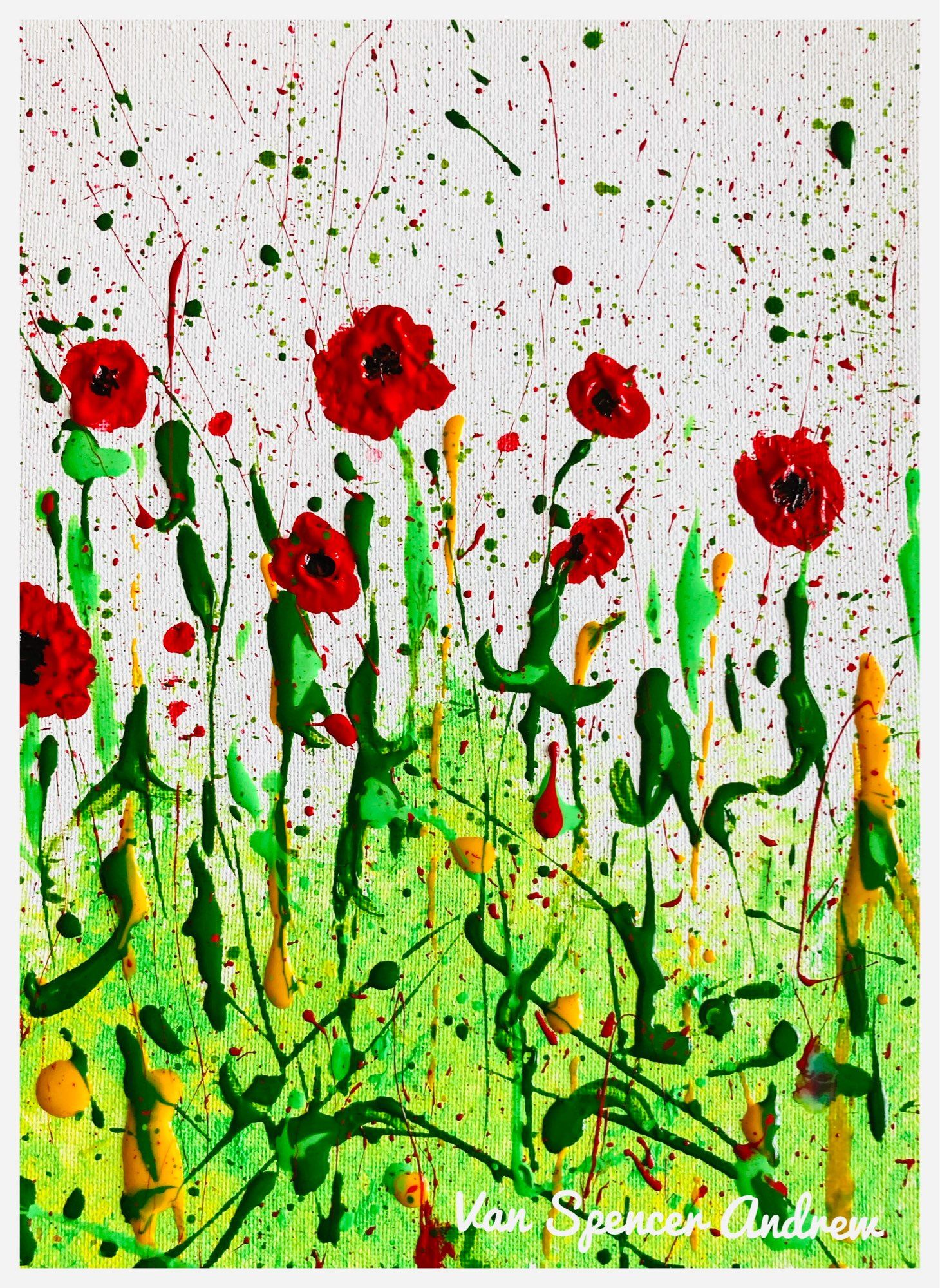 A splash of greens, yellows and reds make up this poppy picture- a painting created without brushstrokes!