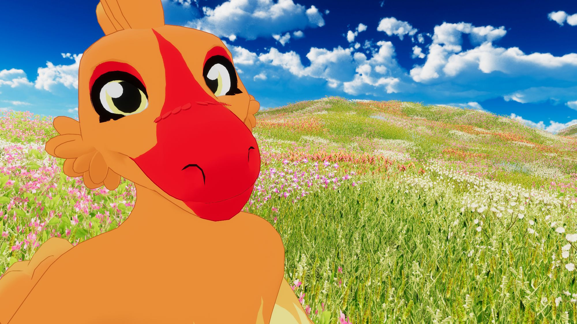 An orange raptor with a red snout smiling at the camera in a daylit flower field.