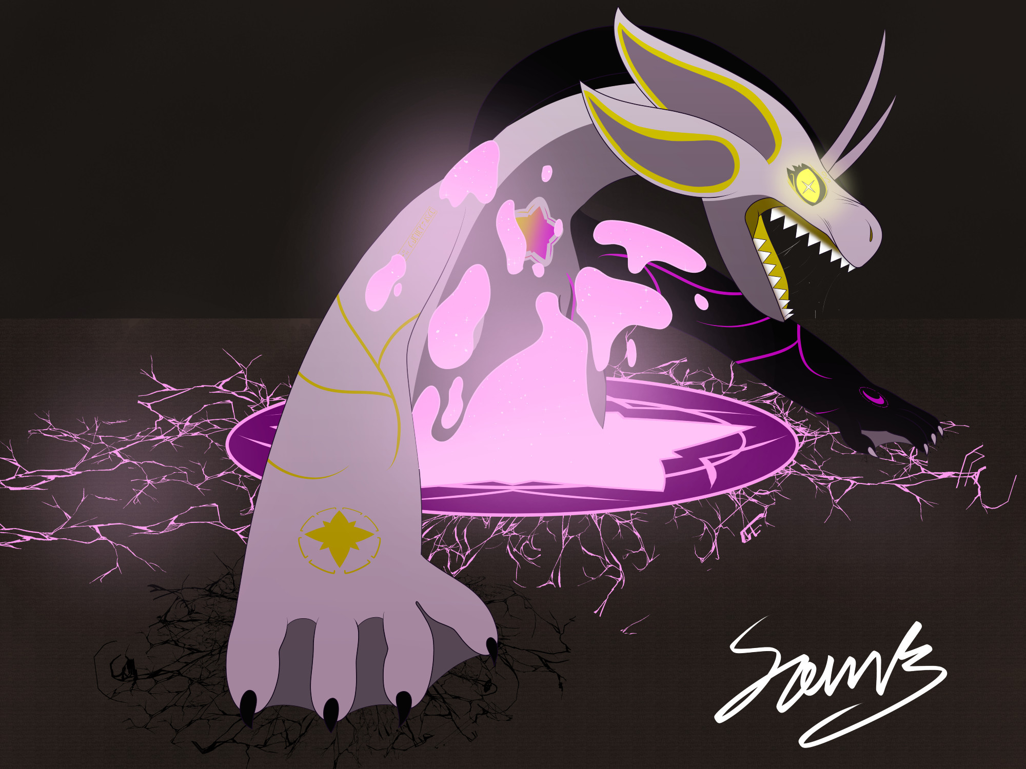 A maelstrorca morphed into a hell creature emerges from a summoning circle, covered in magic pink goo seemingly made by the portal. His mouth is agape and is gripping the floor hard enough to crack it.