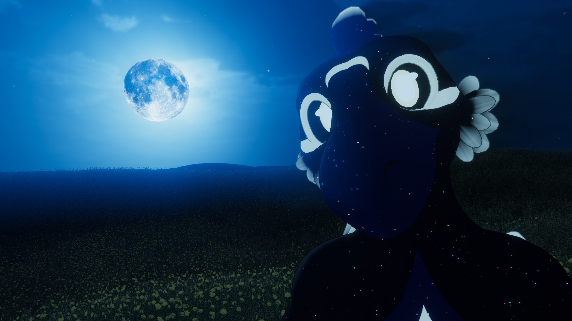 A dark raptor with bright eyes and a moon on their forehead looking at the camera in a moonlit flower field.