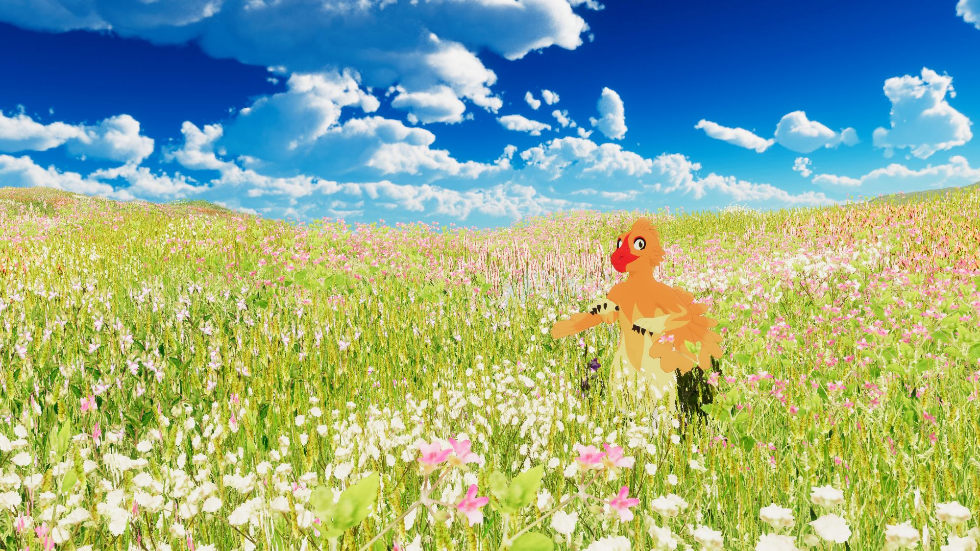 An orange raptor with a red snout in a daylit flower field.