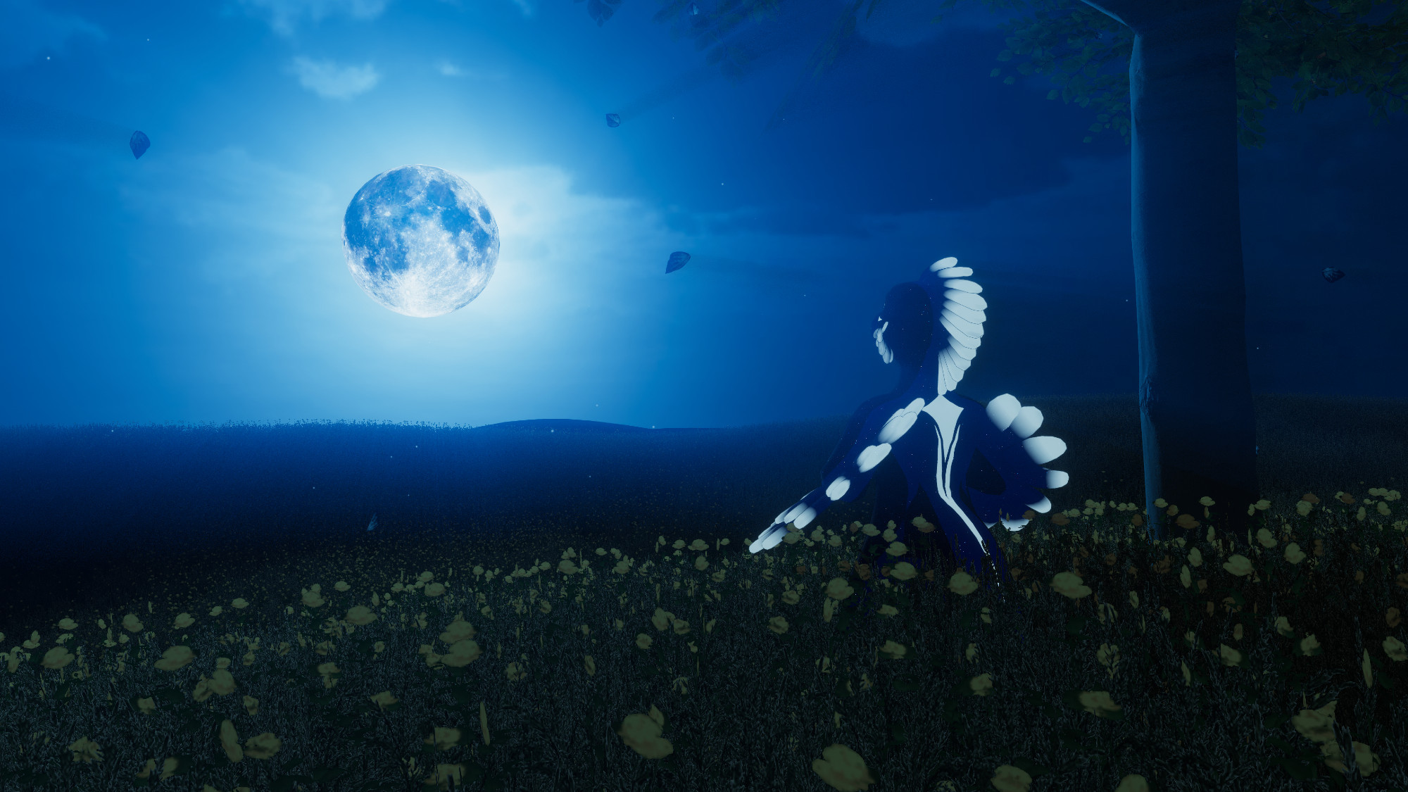 A dark raptor with bright eyes and a moon on their forehead looking at the moon. They are standing under a tree in the middle of a flower field.