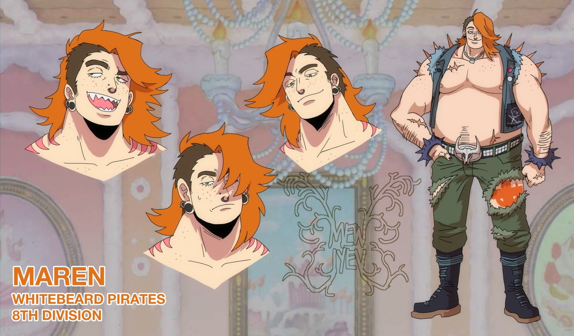 Character concept art of Maren, a One Piece OC. The bottom left has text stating "Maren, Whitebeard Pirates, 8th Division." The background is a faded version of a Whole Cake Island room. To the right is a full body image of Maren in One Piece anime art style. He has a large, fat body with muscular chest and arms with spines poking out of his back. He has a relaxed expression on his face. He's wearing green torn pants and a torn jean vest with patches all over it. To the left are some of Maren's expressions, giving off the impression of a smug character who is a bit of a clown.