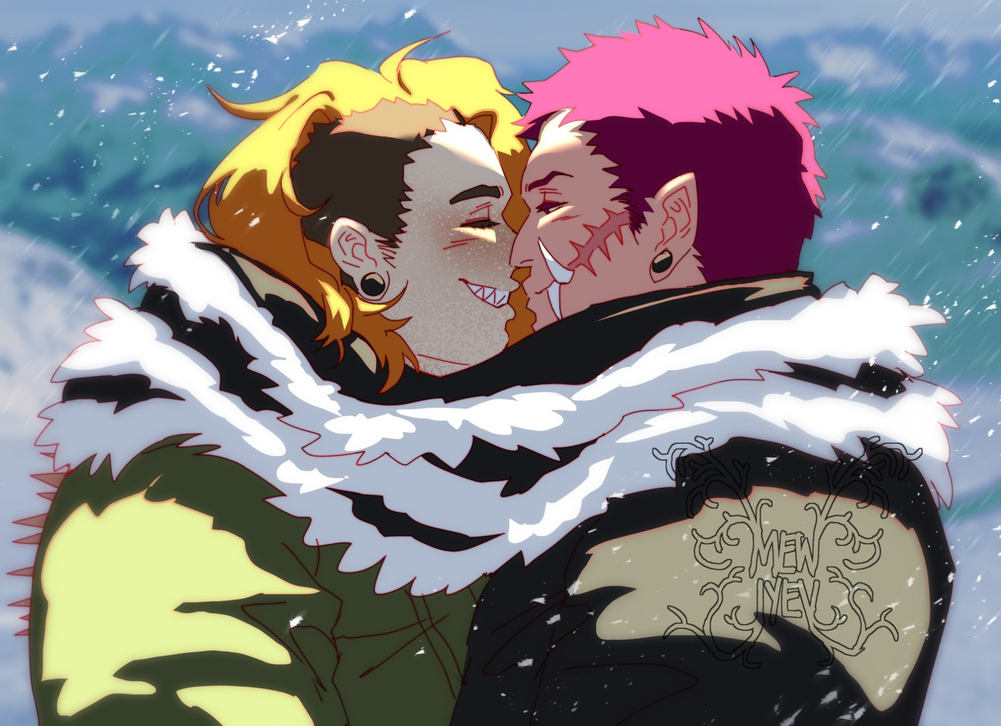 Colorful illustration of Charlotte Katakuri and Maren in a snowy field. Katakuri's scarf is wrapped around the both of them and their noses are touching. Katakuri smiles with his large fangs and scar visible. Maren is grinning with a gentle laugh, his hair flipped back and resting against the scarf. The artwork has a gentle warm light from above and snow blowing all around them, giving it a serene quality.