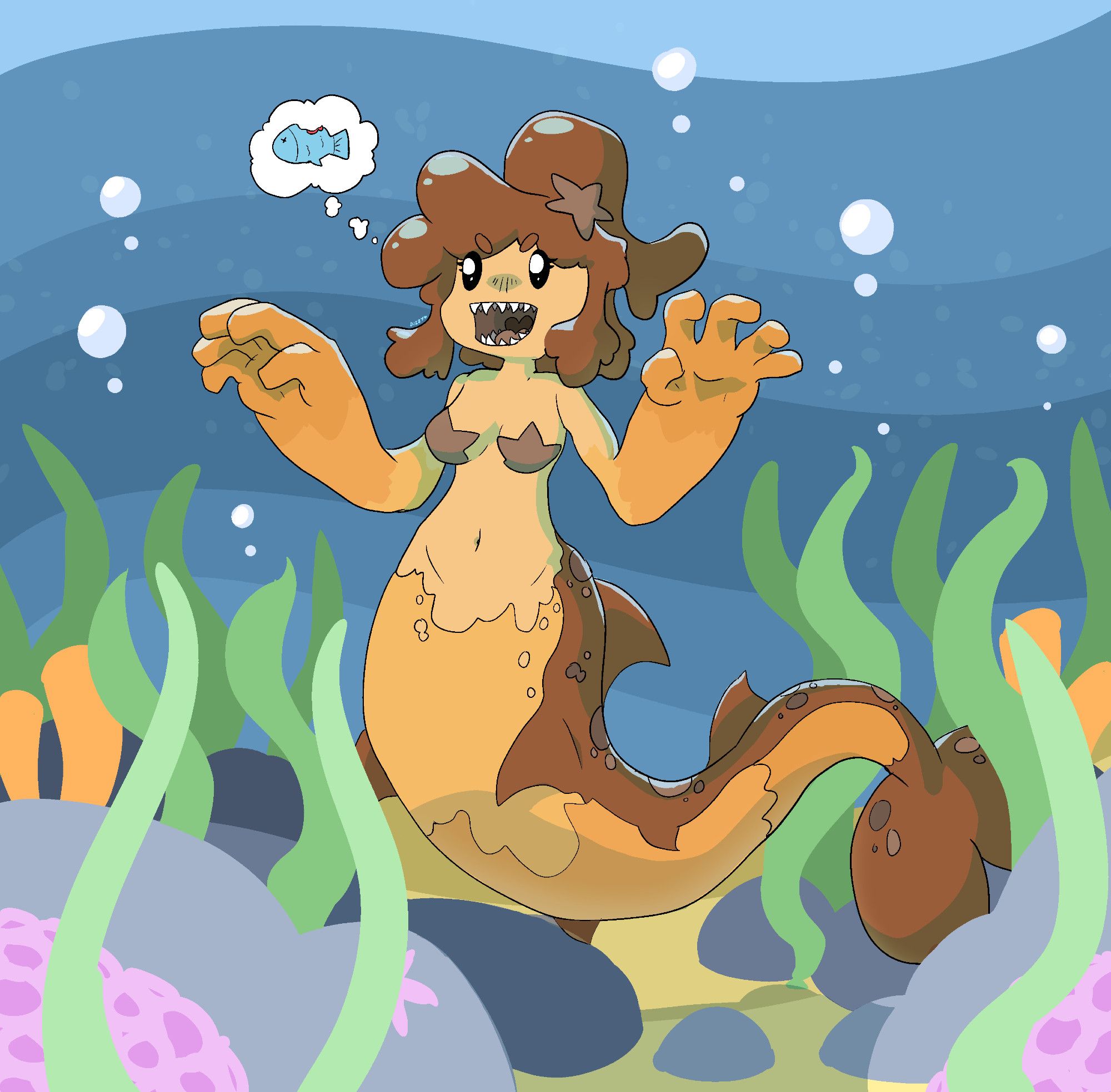 original artwork of my 'sona character Puddi the pudding girl, except she's a mermaid. she's positioned just above the sea floor, surrounded by rocks and kelp. her mouth is open showing shark-like teeth. there's a thought bubble coming from her with a fish with a bite taken out of it in it.