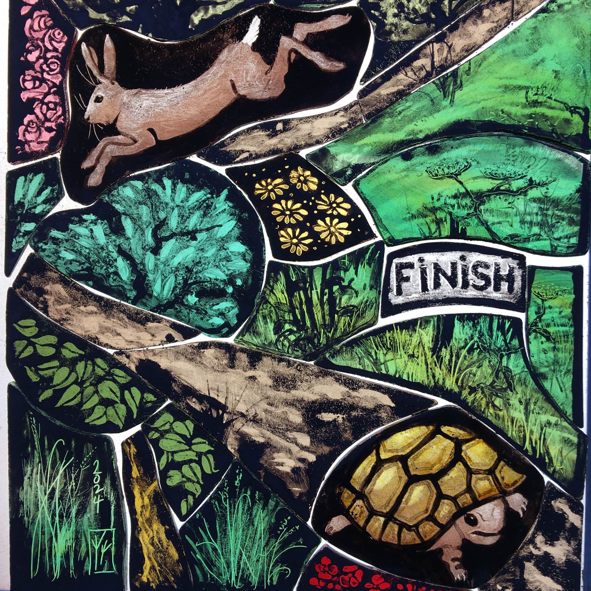 Hare and tortoise stained glass