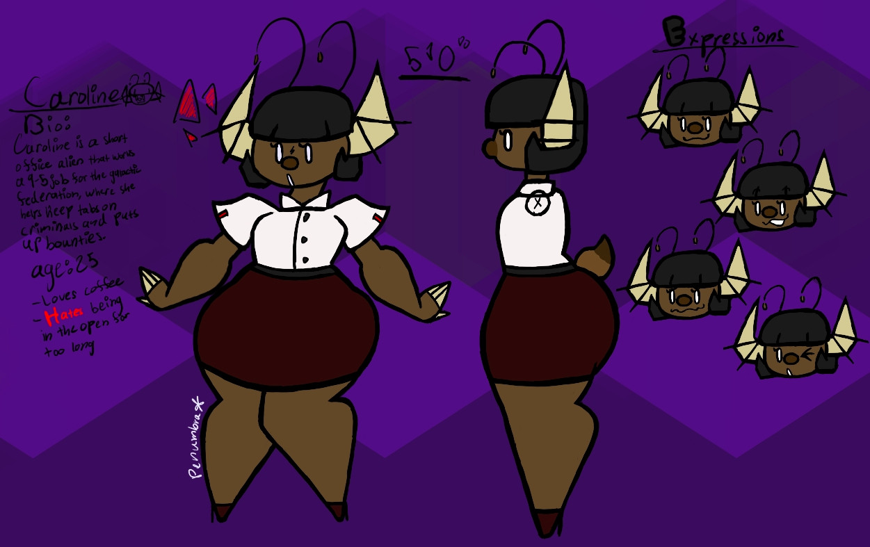 Caroline is an eccentric geosparan that works for the galactic federation where she helps keep tabs on criminals and puts up bounties. 