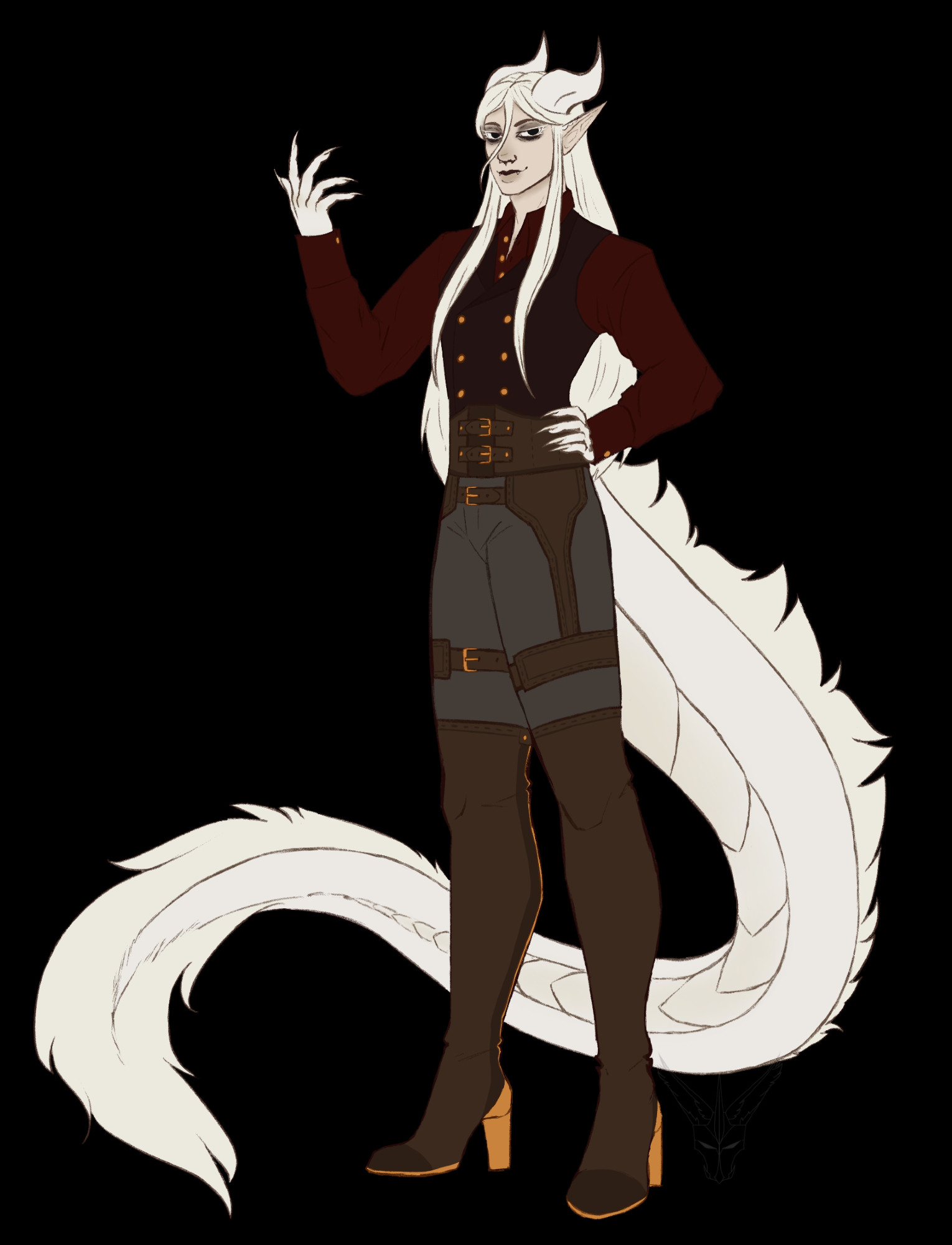 A drawing of a steampunk fantasy character with white dragon horns and a fluffy tail. He has quite a corpse-like complexion.