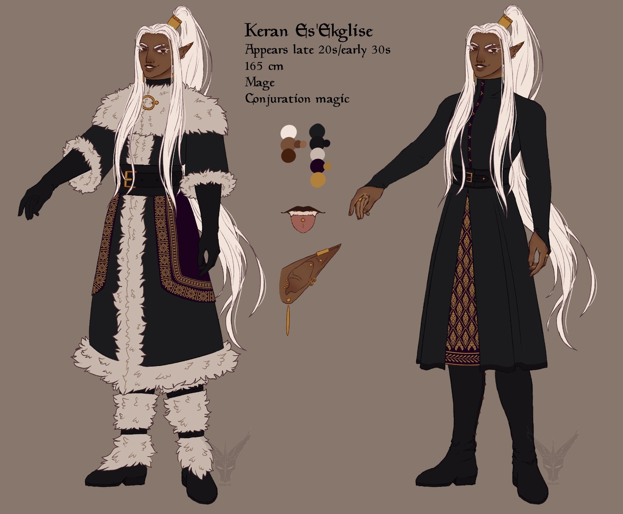 A reference sheet for my character, Keran. He is a slim man with pointed ears and very, very long white hair in a high ponytail. There are two outfit designs. Both are predominantly black with purple-and-gold accents. The first is an outdoors outfit with a thick fur-lined coat/tunic, mantle, and leg-coverings. All the fur is off-white in colour. The second is an indoors outfit with a black tunic/dress with a gold-embroidered, purple underskirt, and tall black boots. The reference also shows his floating magic blades, tongue piercing, and ear piercings. 

The text reads:
Keran Es'Ekglise
Appears late 20s/early 30s
165 cm
Mage
Conjuration magic