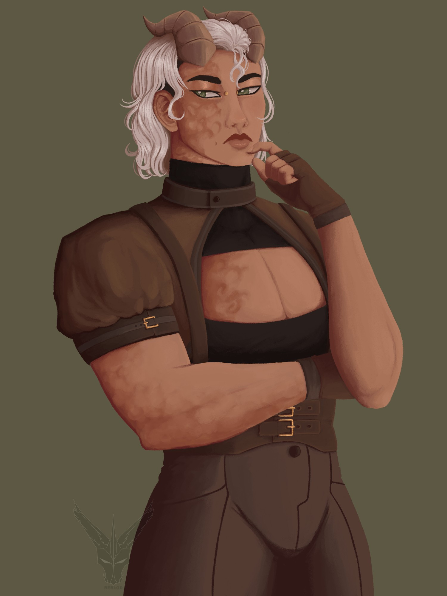 A rendered half-body of a male fantasy character. He has chin-length white hair with a dark undercut and horns. He has one arm crossed across his chest, propping his other arm up. He is in a thoughtful pose and he's looking off to the side consideringly.