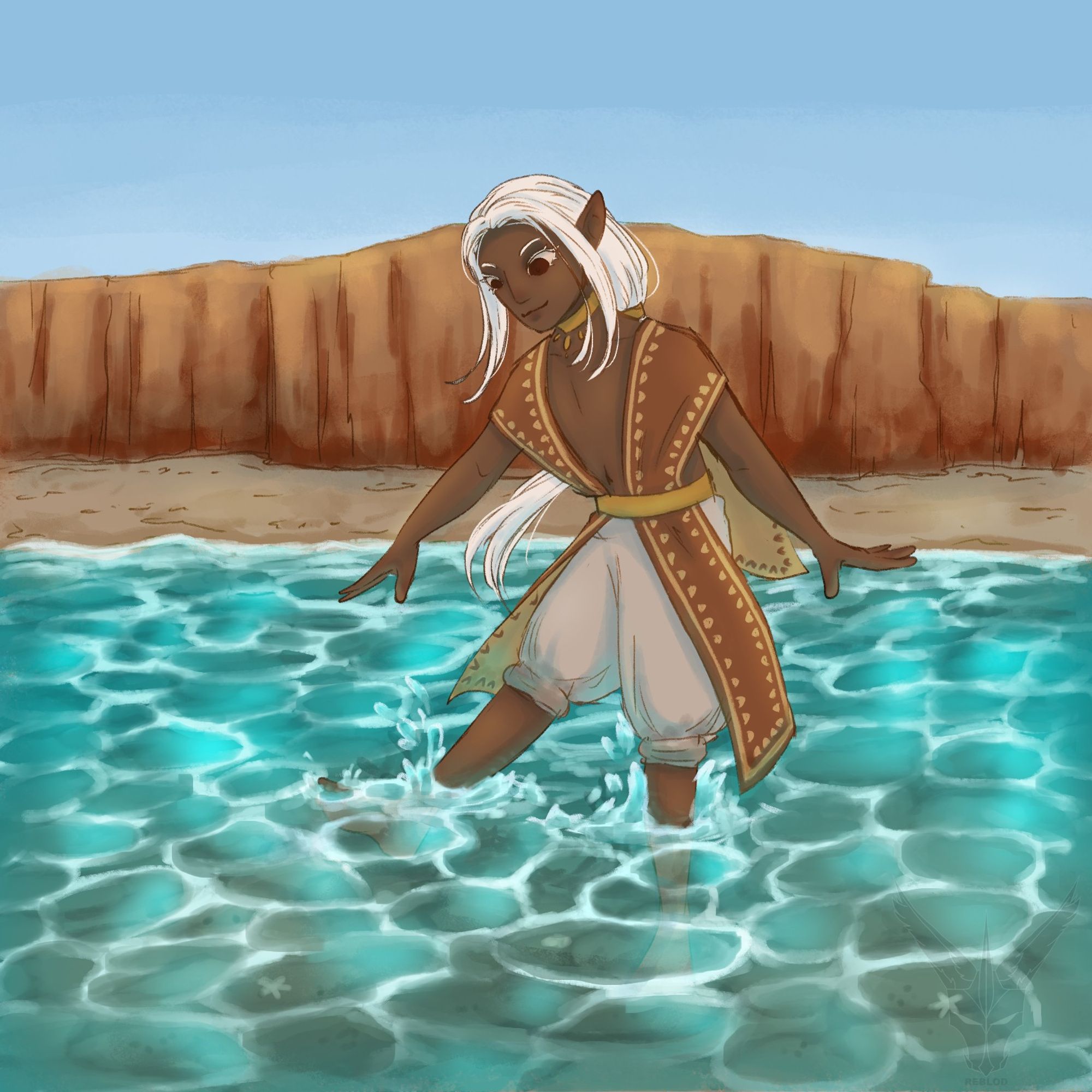 My OC Keran as a child splashing in the turquoise-blue shallows of a cove on the northern coasts of the Alanysi Empire. Orange desert cliffs rise up behind him. He's alone but happy.