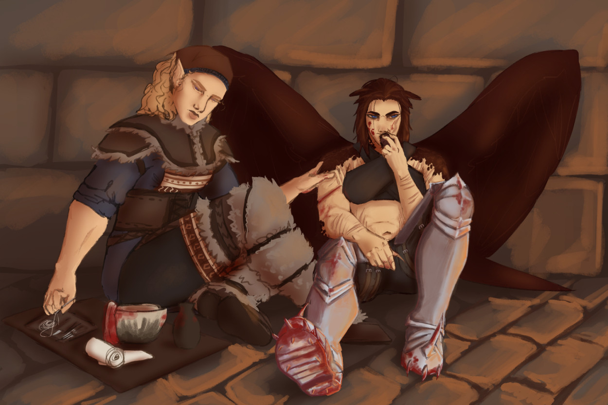 An unfinished digital painting of two characters sitting on the floor. Althir is holding onto Lyris' injured arm and reaching down to her tool kit to pick up a needle. Lyris is slouched against the wall looking annoyed and eating pemmican.