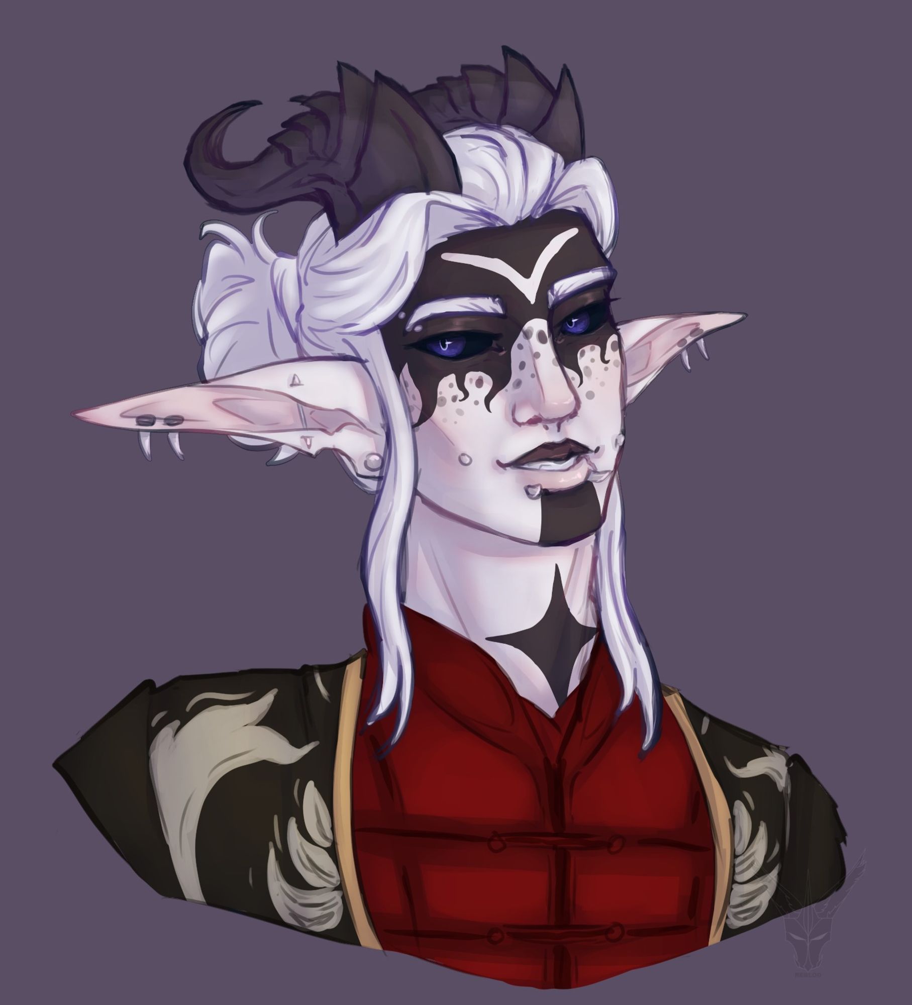 A sketchy bust of a Baldur's Gate 3 OC. They are a tiefling with ridged, curved horns, pale skin, white hair in a bun, dark purple-blue eyes, and black markings on their skin. They have many piercings.