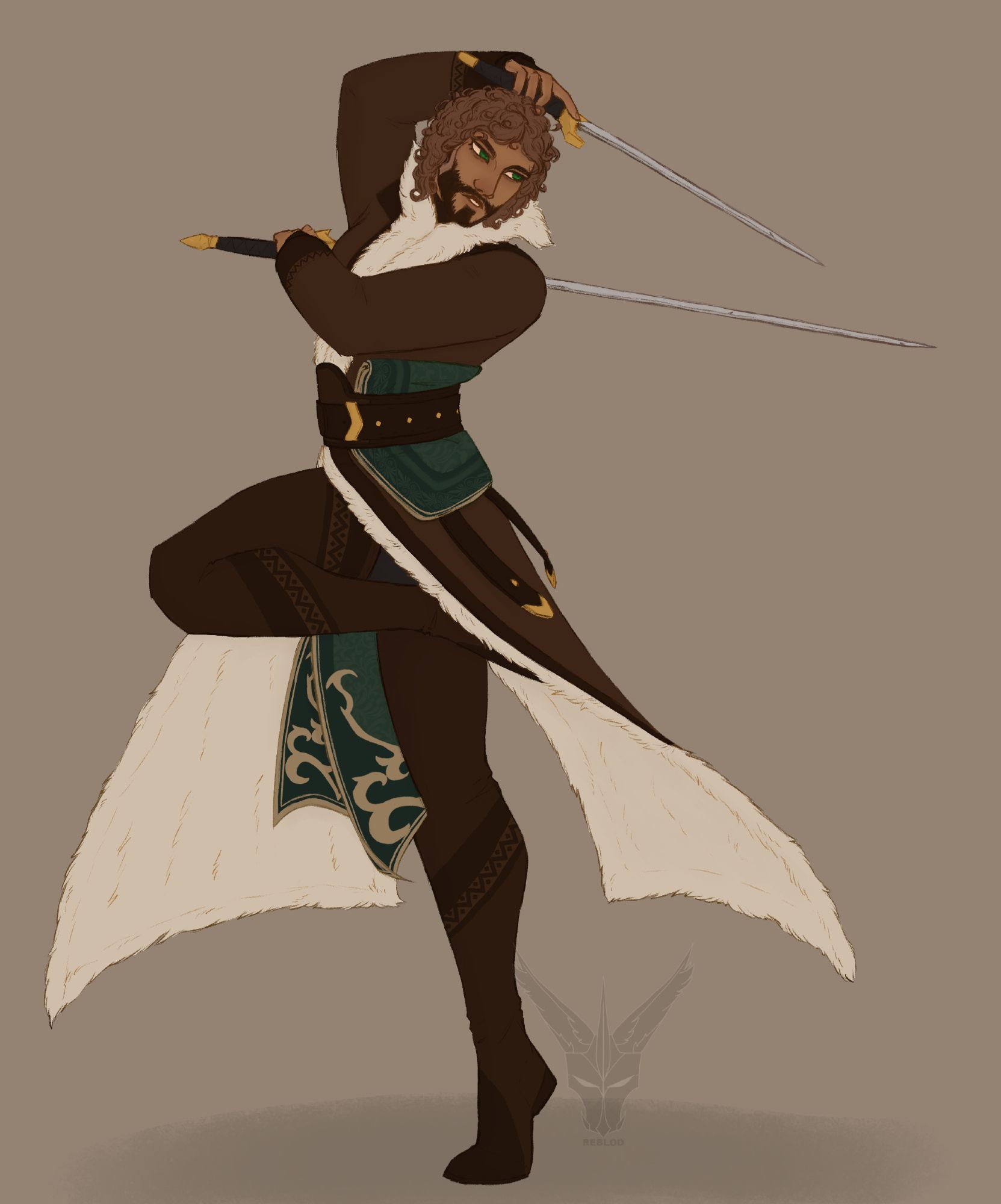 A fullbody of my OC Kaedo in an elegant, ballet-like sword form/sword dancing pose. He is on his toes with one foot raised wielding two swords.