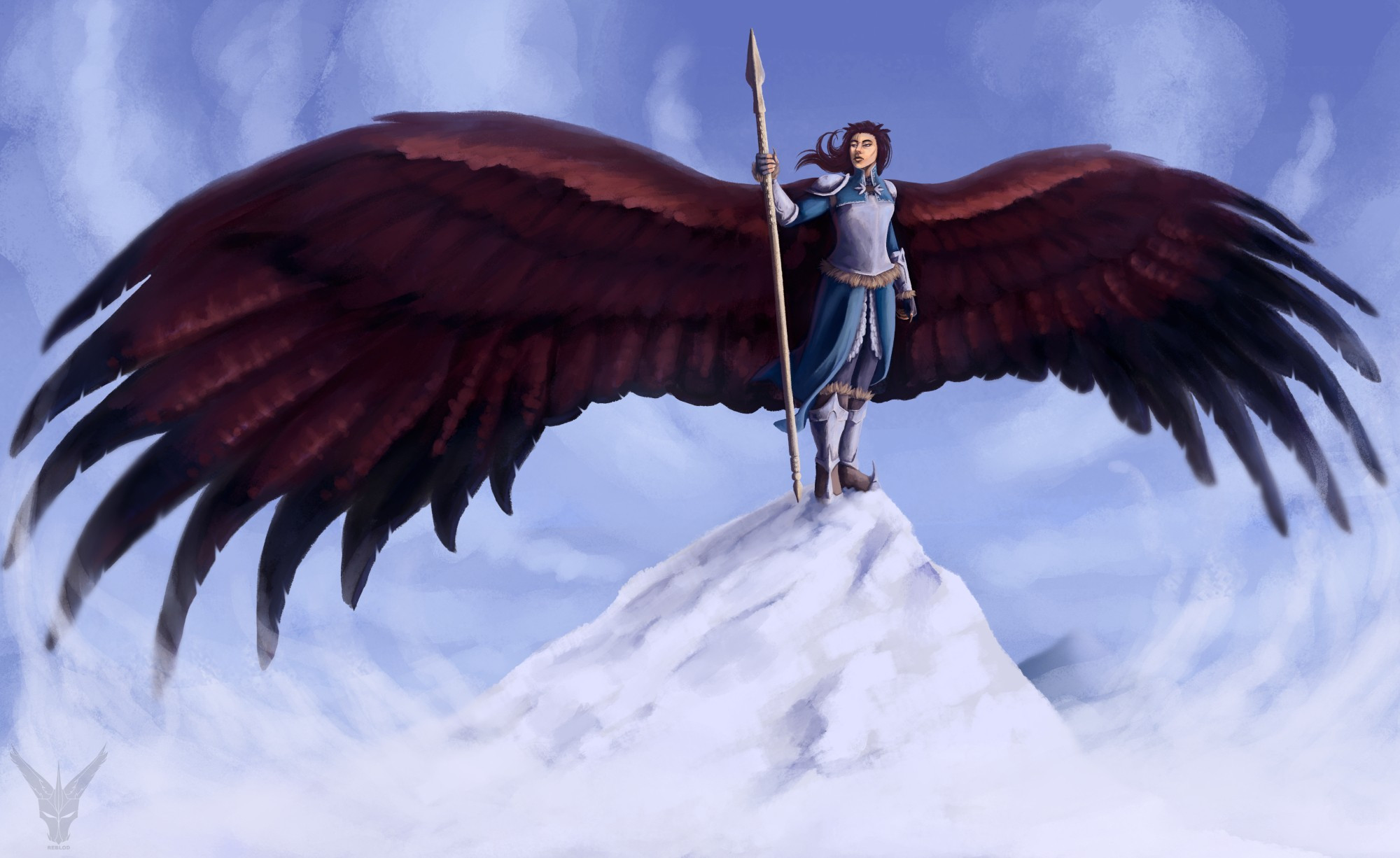 An illustration of my fantasy character, Lyris. She is an armoured warrior woman with wings. Her wings are spread wide and she's holding a bone spear standing atop a high mountain peak amongst clouds.