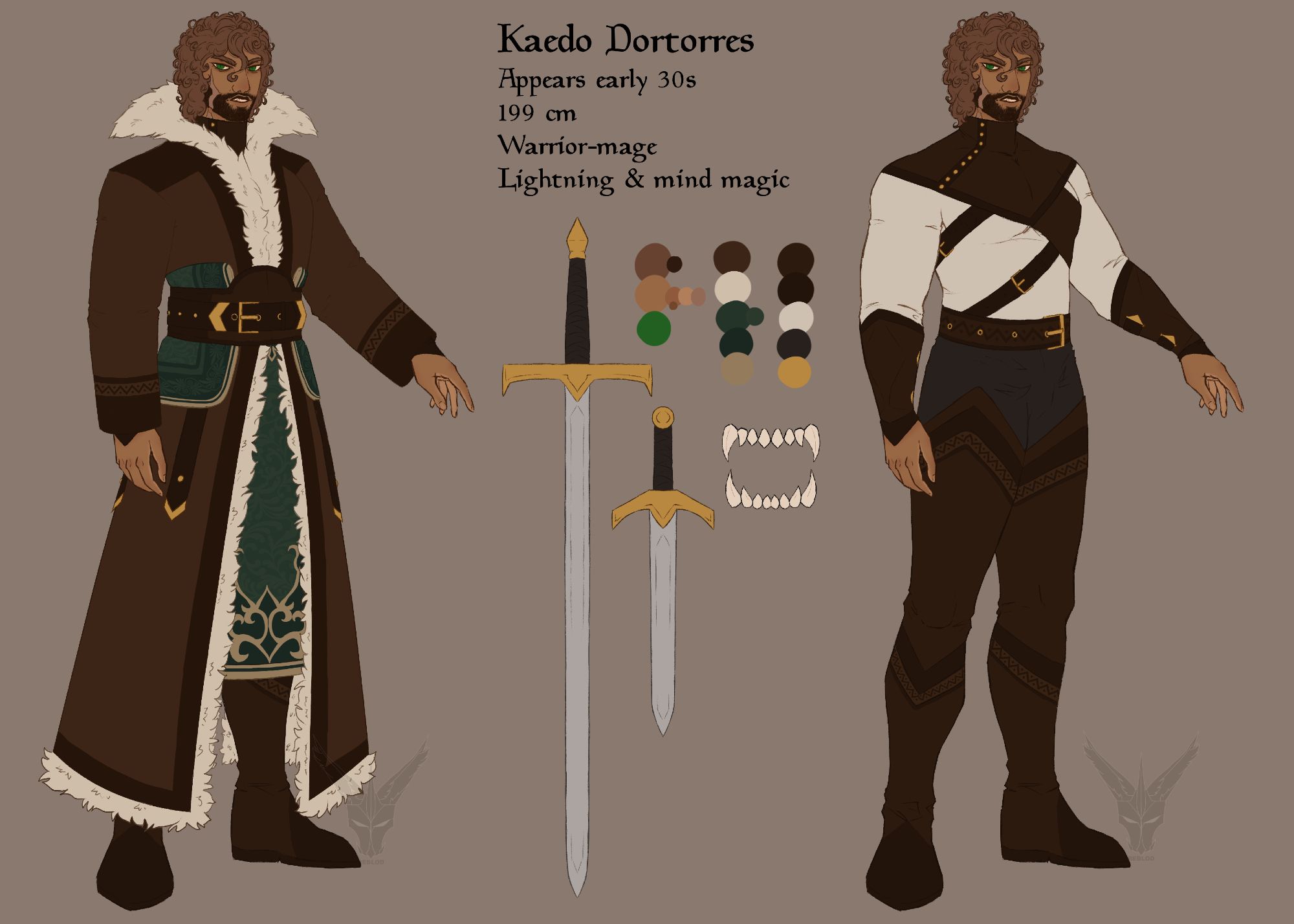 A reference sheet of Kaedo. He's a muscular male humanoid with sharp teeth. He has curly brown hair, light brown skin, bright green eyes, a short beard, and a scar on his right cheek. 

There are two outfits. He's wearing his long, fur-lined coat in one, accessorised with a green and gold embroidered apron beneath, a wide belt on top, and the same cloth around his waist. The other outfit shows what he's wearing underneath which is very tall thigh-high boots, bracers, and a chest piece, all in leather. He wears a plain white shirt beneath. His colour palette is mostly brown, white, green, and gold. There is also a reference for his longsword and shortsword which are more European in style.

The text on the reference is:
Kaedo Dortorres
Appears early 30s
199 cm
Warrior-mage
Lightning & mind magic