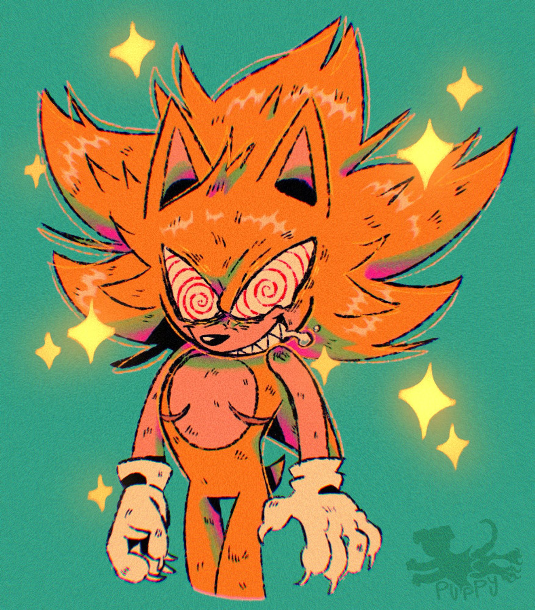 A drawing of fleetway from archie sonic. He stares menacingly at the camera with pointy teeth, bright golden sparkles floating around him.