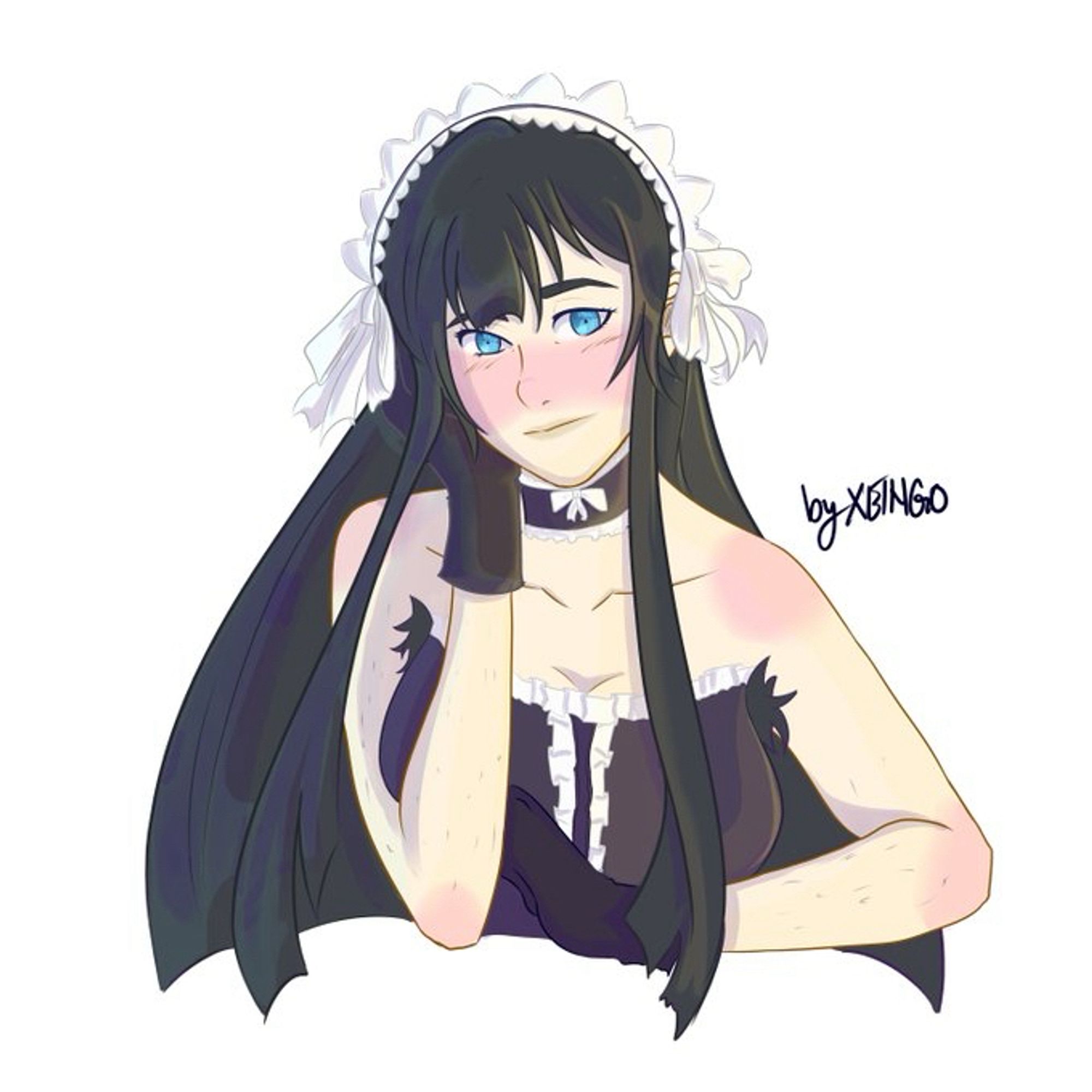 Mari Manabat from the bust up. She has black hair that flows down her back, blue eyes, and pale skin. She's wearing a white frilly headband, a black shoulderless dress, and black wrist-length gloves. There's a little hair on her arms and bushes of hair on her armpits. 

She has her right hand  to her cheek and her other arm is resting on an unseen surface, left hand touching her right arm. 

To the side of her is the watermark of Xeingo, the artist of this illustration.