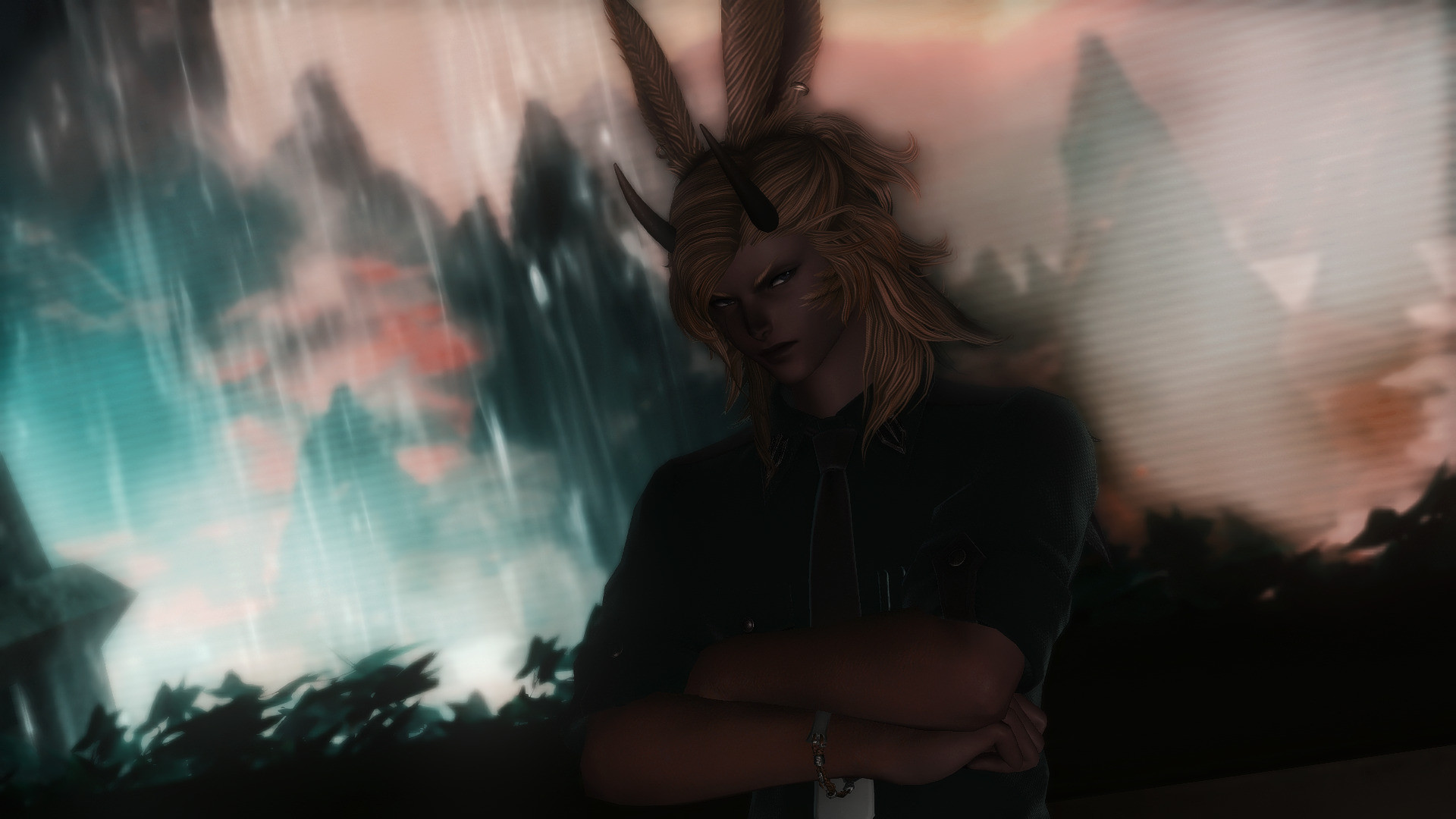 Male FFXIV viera in a dark green shirt and brown tie, with thin pointed horns from the Halloween event. He's frowning at the camera with his arms folded, standing in front of window showing a rainy, mountainous landscape.