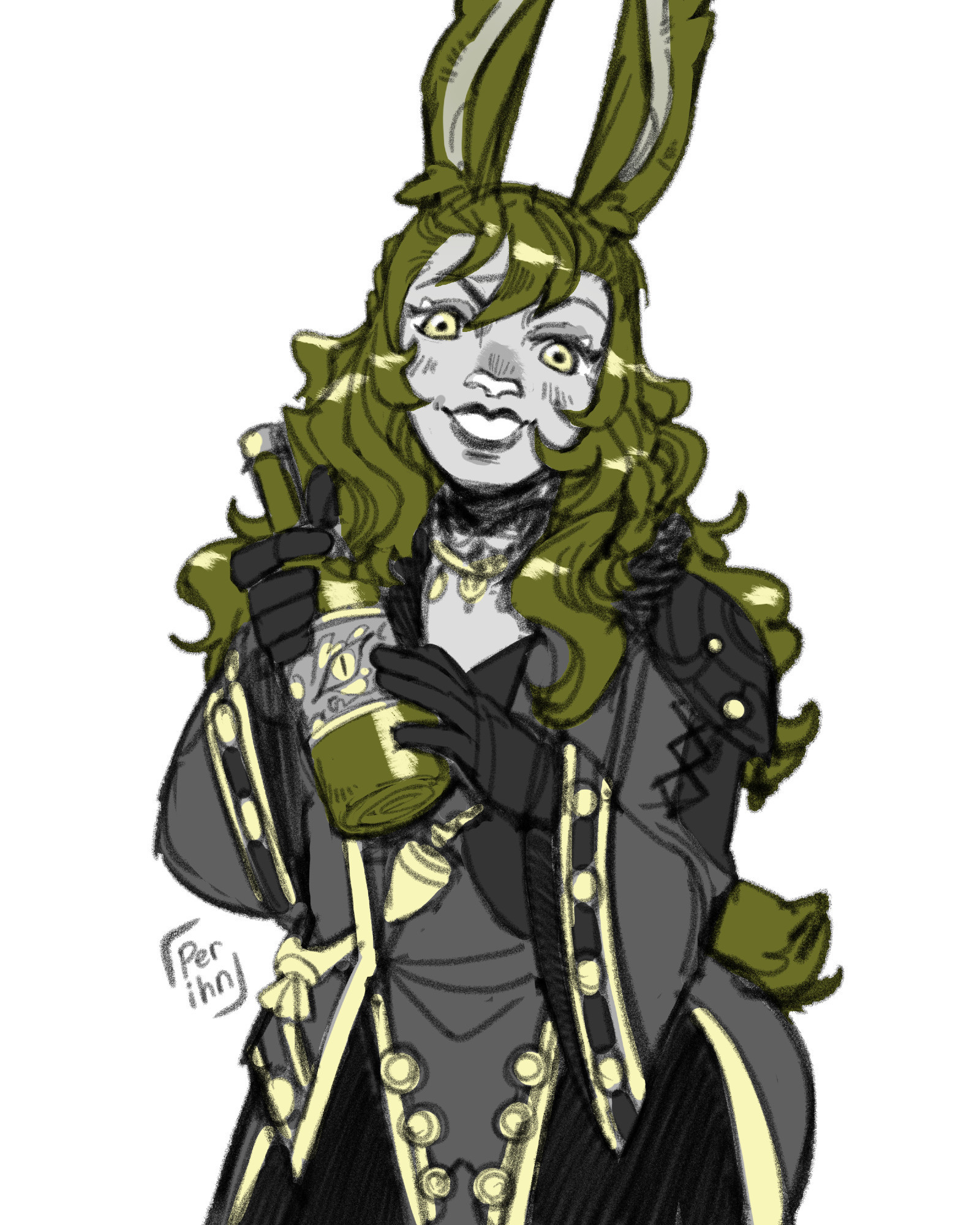 A green-haired viera woman from FFXIV in an intricate coat and gold jewelry. She holds a bottle of wine and stares at you with an unnerving friendliness.