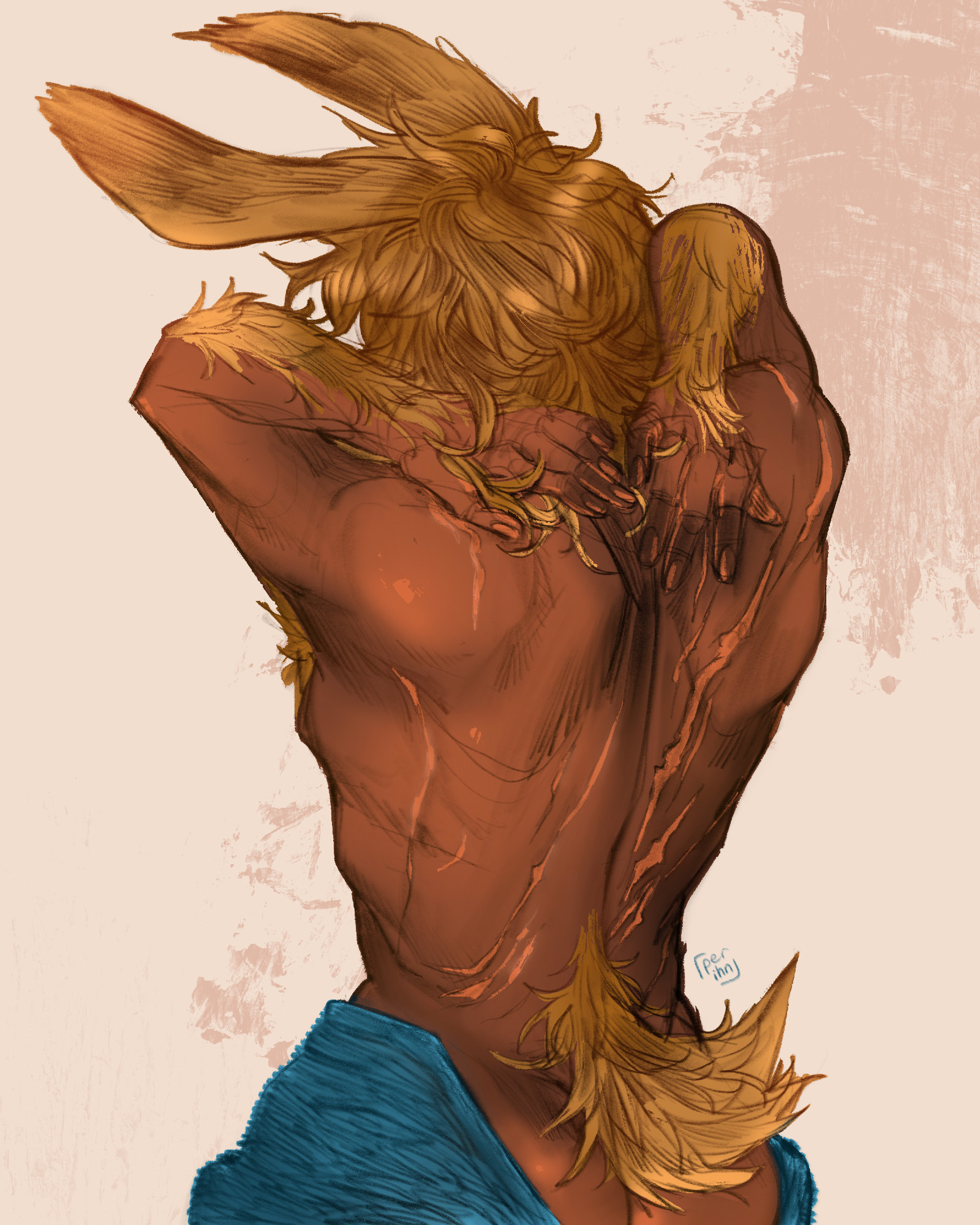 A male viera from FFXIV stretching behind him, shown from the back. Scars are visible all along his back, as is his tail, and some just enough asscrack to be tasteful.