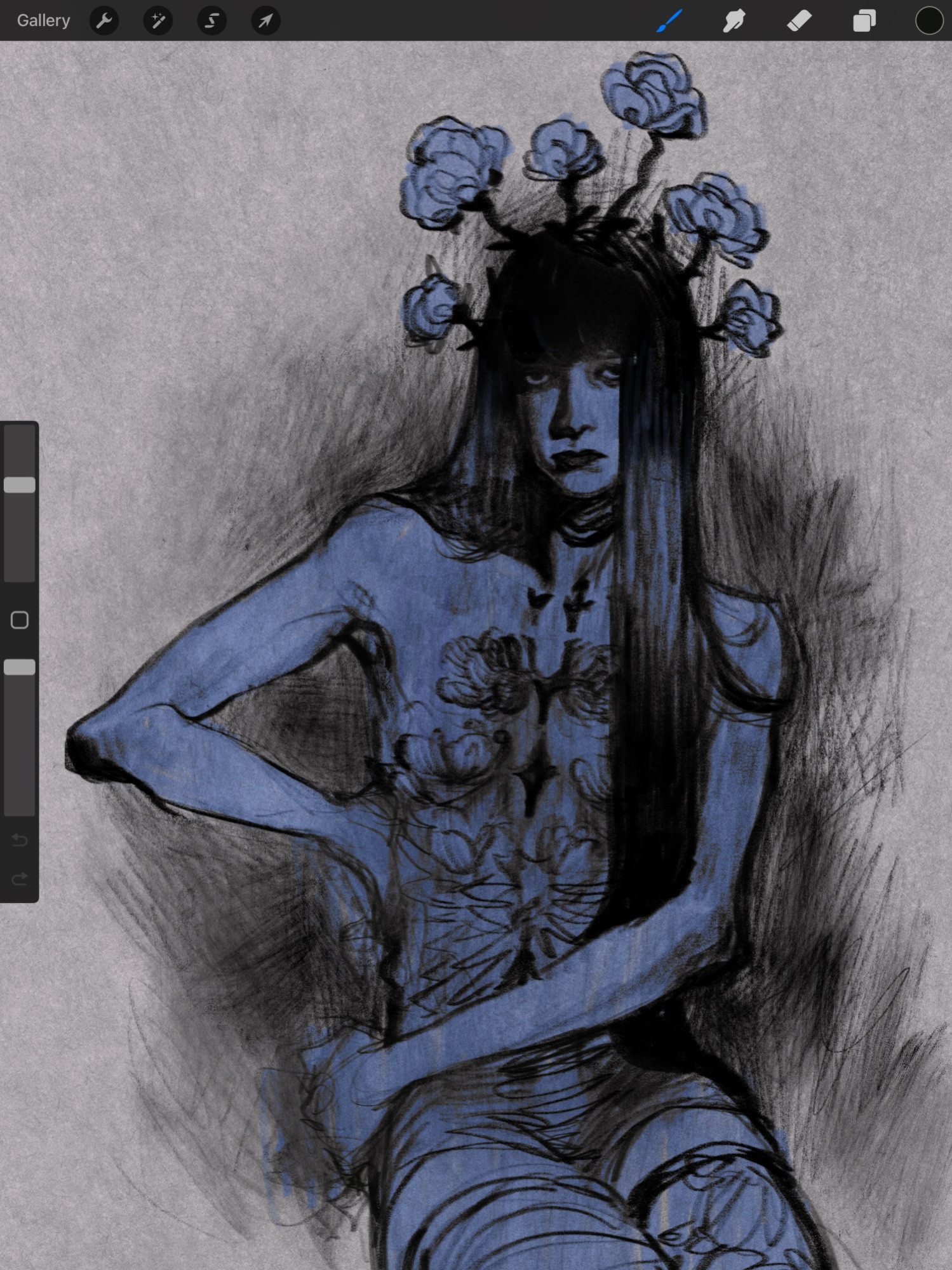 A black and blue sketch of a woman with long dark hair. She looks unimpressed. There are flowers sprouting out of her head for no reason whatsoever. 