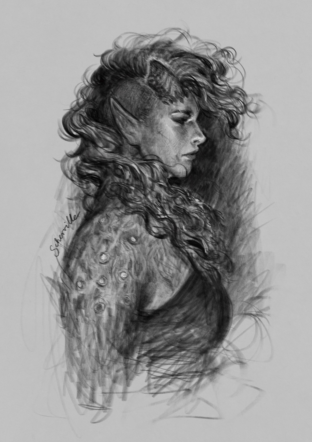 A side portrait of a tiefling - Karlach from Baldur’s Gate 3, in black and white. She appears sad.