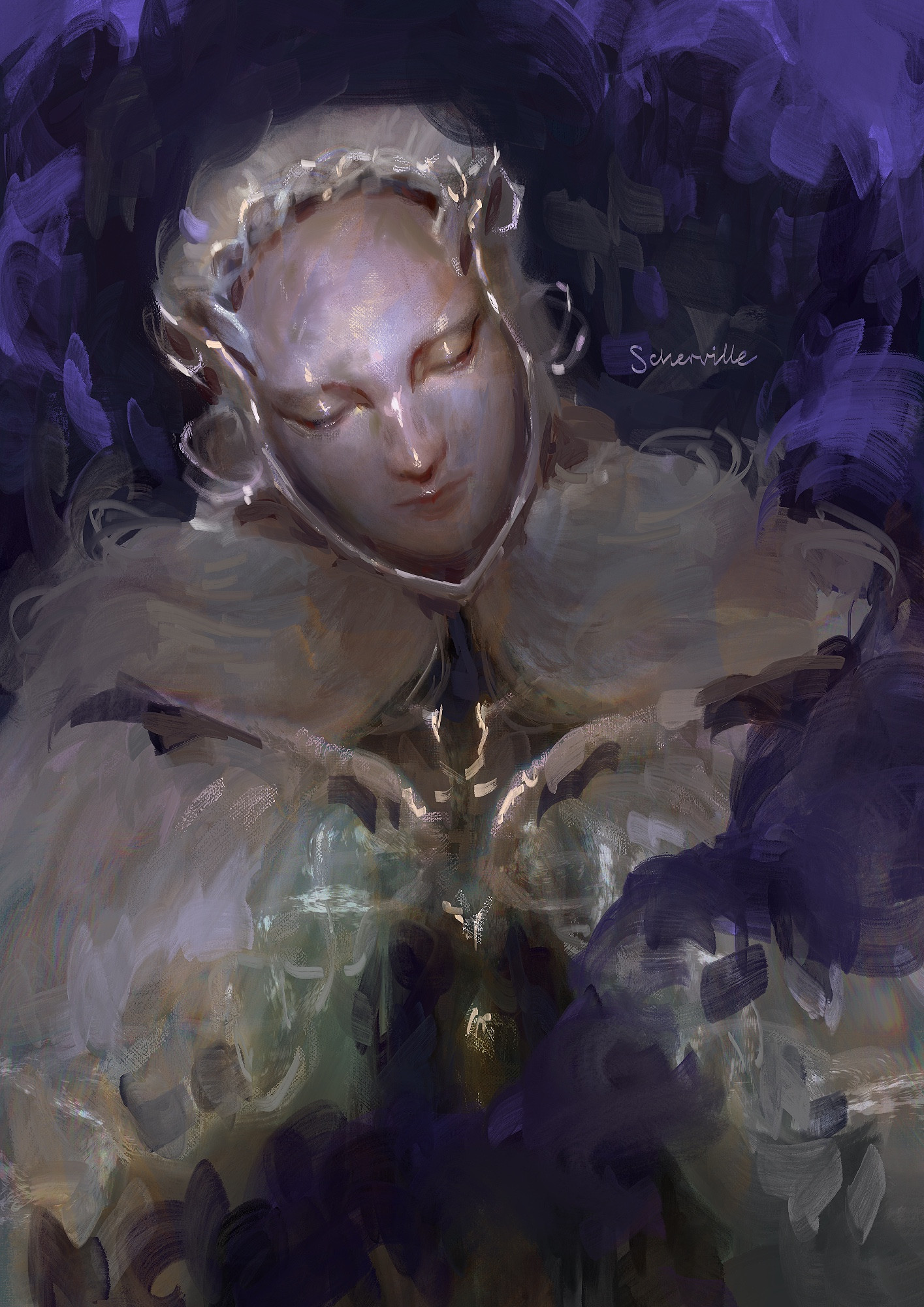 A painterly portrait of a character wearing a full porcelain face mask - its expression makes them look like they’re always asleep. Thiollier from Elden Ring