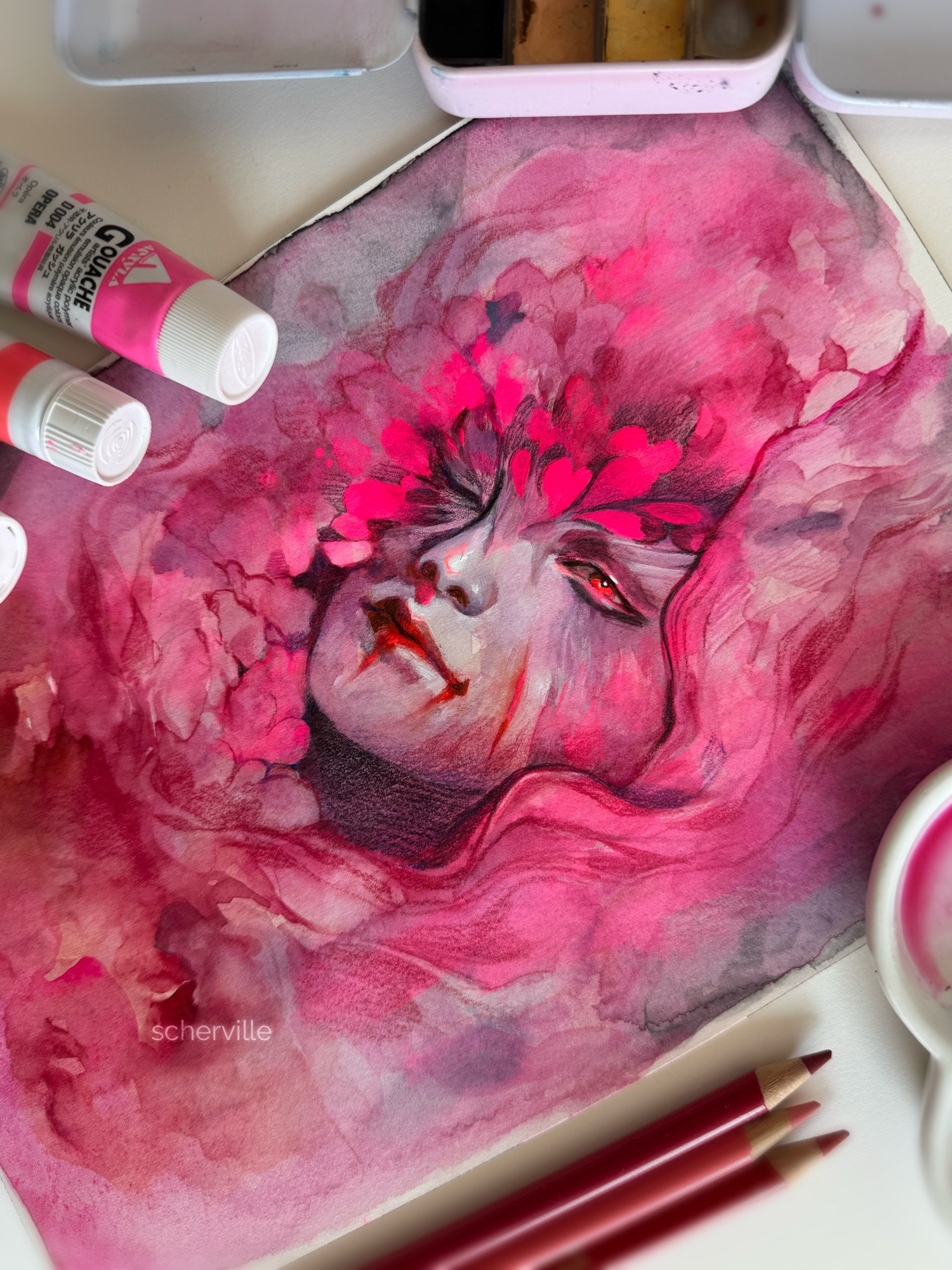 A flowy watercolour portrait of Romina from Elden Ring in vivid pinks.